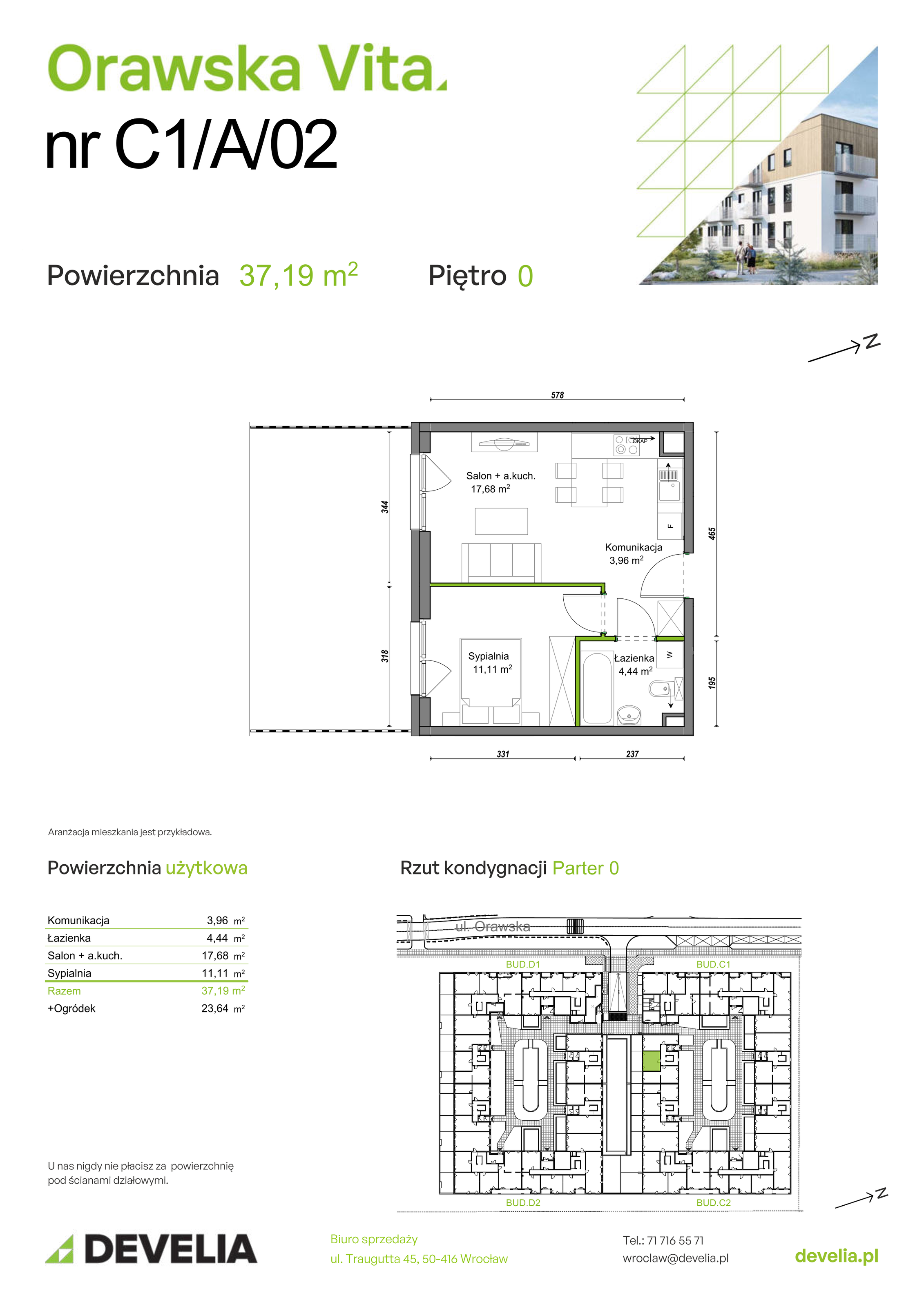 Mieszkanie 37,19 m², parter, oferta nr C1/A/02, Orawska Vita II, Wrocław, Ołtaszyn, Krzyki, ul. Orawska 73-idx