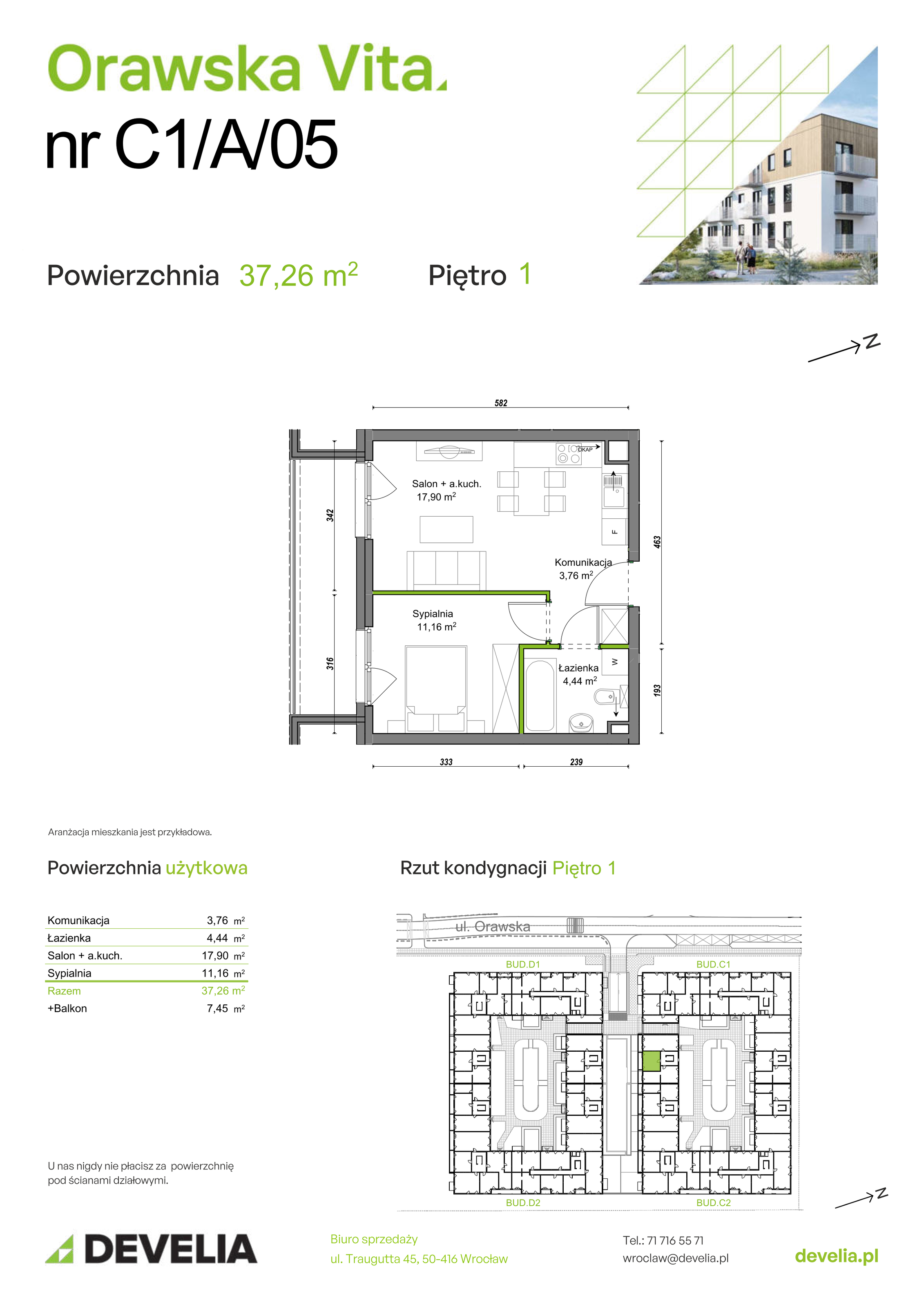 Mieszkanie 37,26 m², piętro 1, oferta nr C1/A/05, Orawska Vita II, Wrocław, Ołtaszyn, Krzyki, ul. Orawska 73-idx