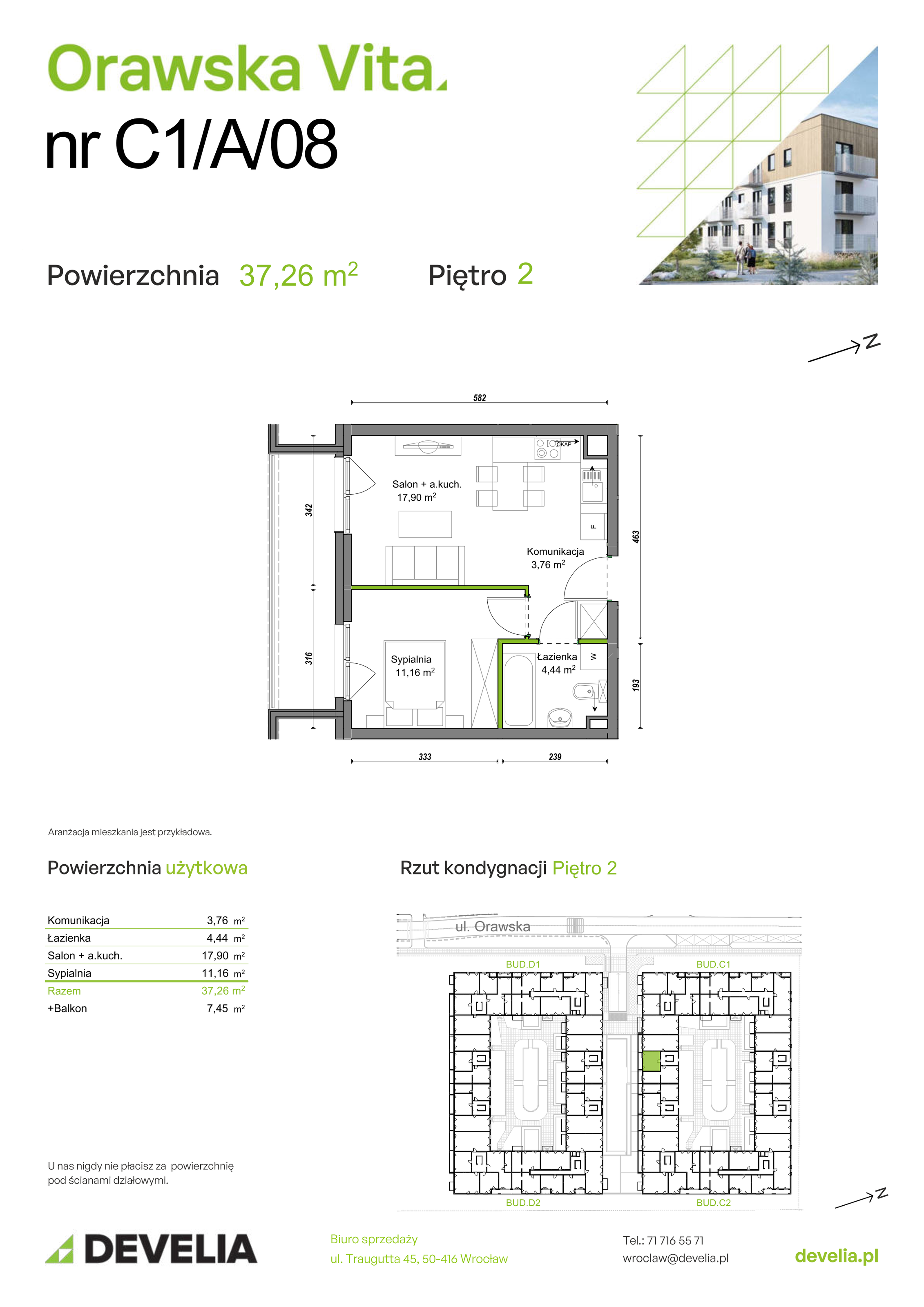 Mieszkanie 37,26 m², piętro 2, oferta nr C1/A/08, Orawska Vita II, Wrocław, Ołtaszyn, Krzyki, ul. Orawska 73-idx