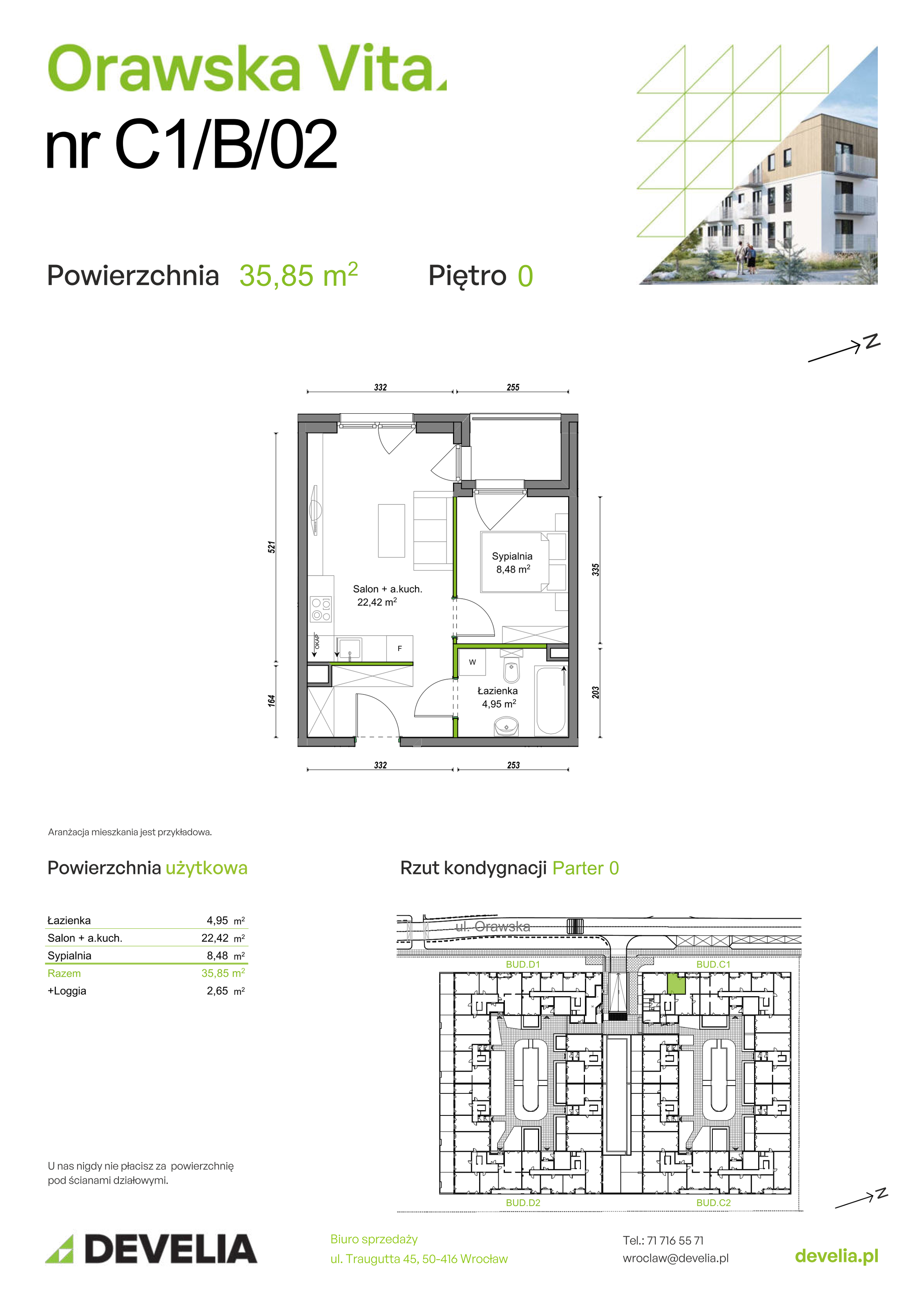 Mieszkanie 35,85 m², parter, oferta nr C1/B/02, Orawska Vita II, Wrocław, Ołtaszyn, Krzyki, ul. Orawska 73-idx