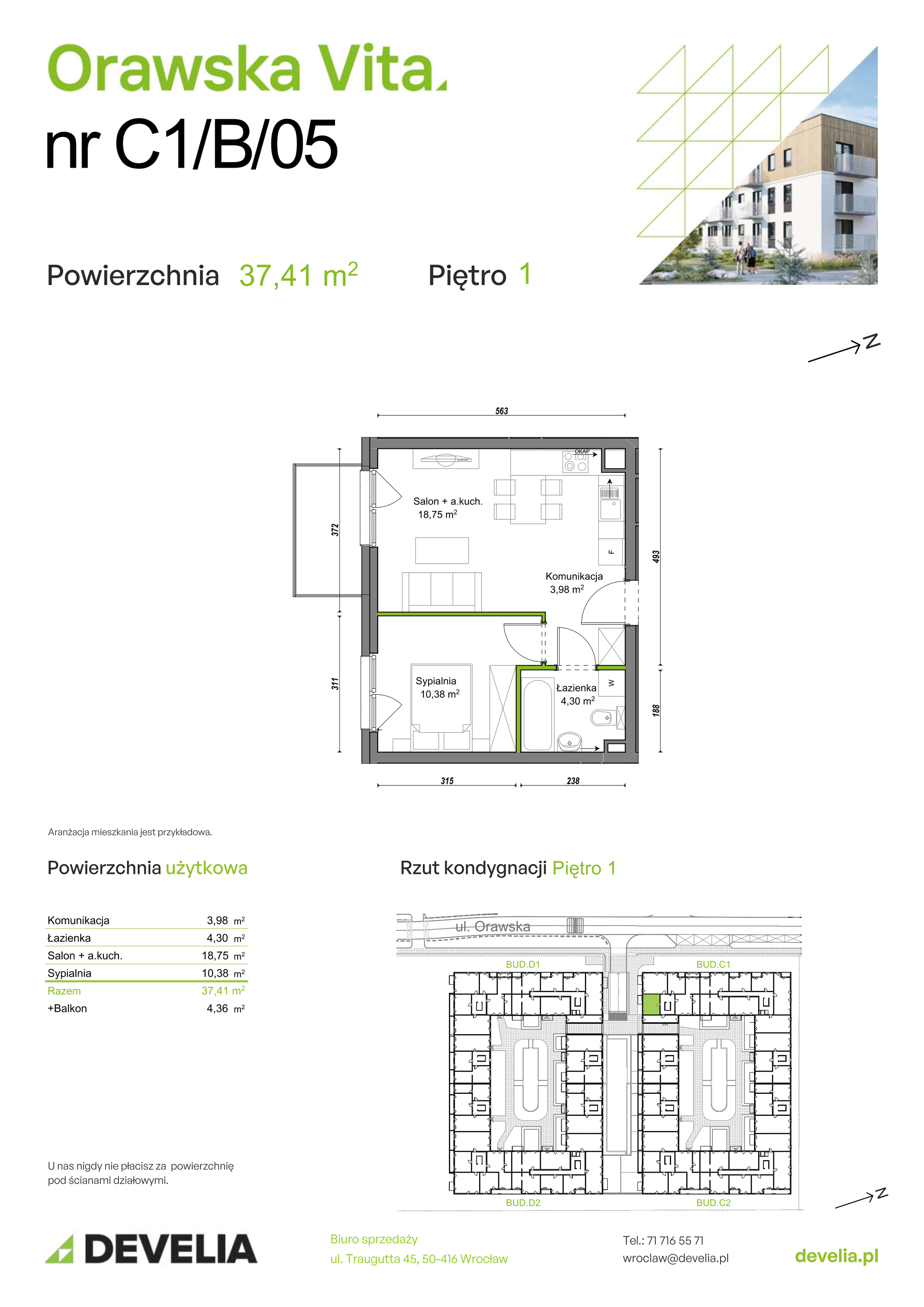 Mieszkanie 37,41 m², piętro 1, oferta nr C1/B/05, Orawska Vita II, Wrocław, Ołtaszyn, Krzyki, ul. Orawska 73-idx