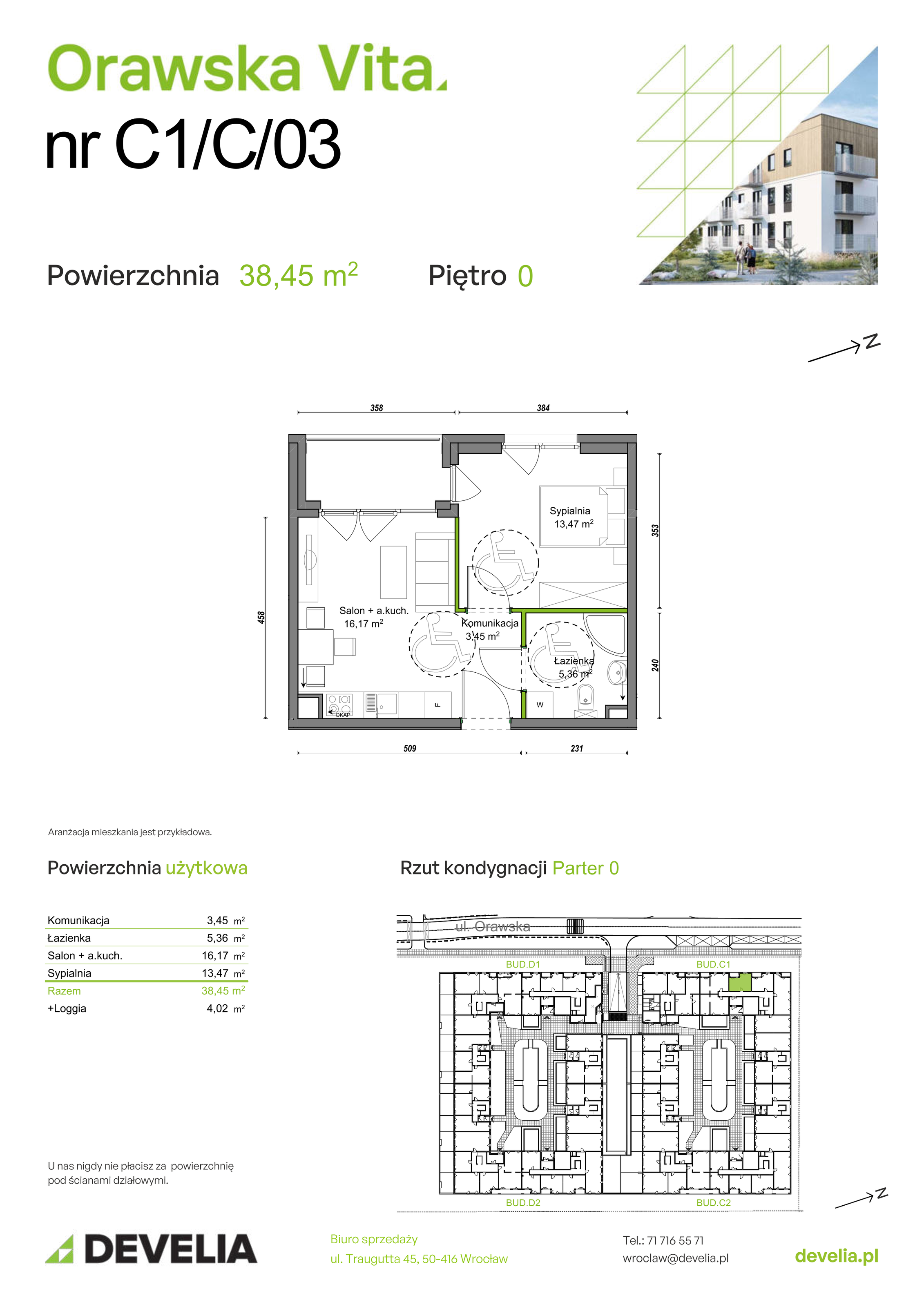 Mieszkanie 38,45 m², parter, oferta nr C1/C/03, Orawska Vita II, Wrocław, Ołtaszyn, Krzyki, ul. Orawska 73-idx