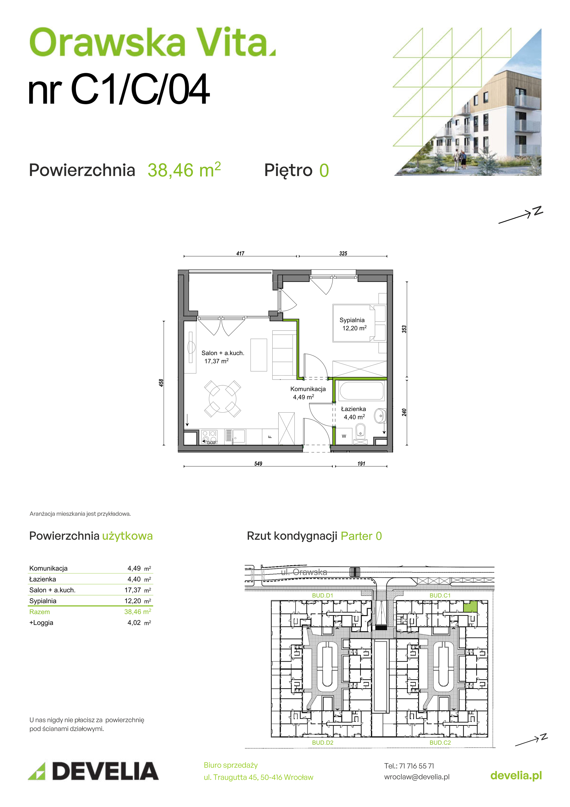 Mieszkanie 38,46 m², parter, oferta nr C1/C/04, Orawska Vita II, Wrocław, Ołtaszyn, Krzyki, ul. Orawska 73-idx