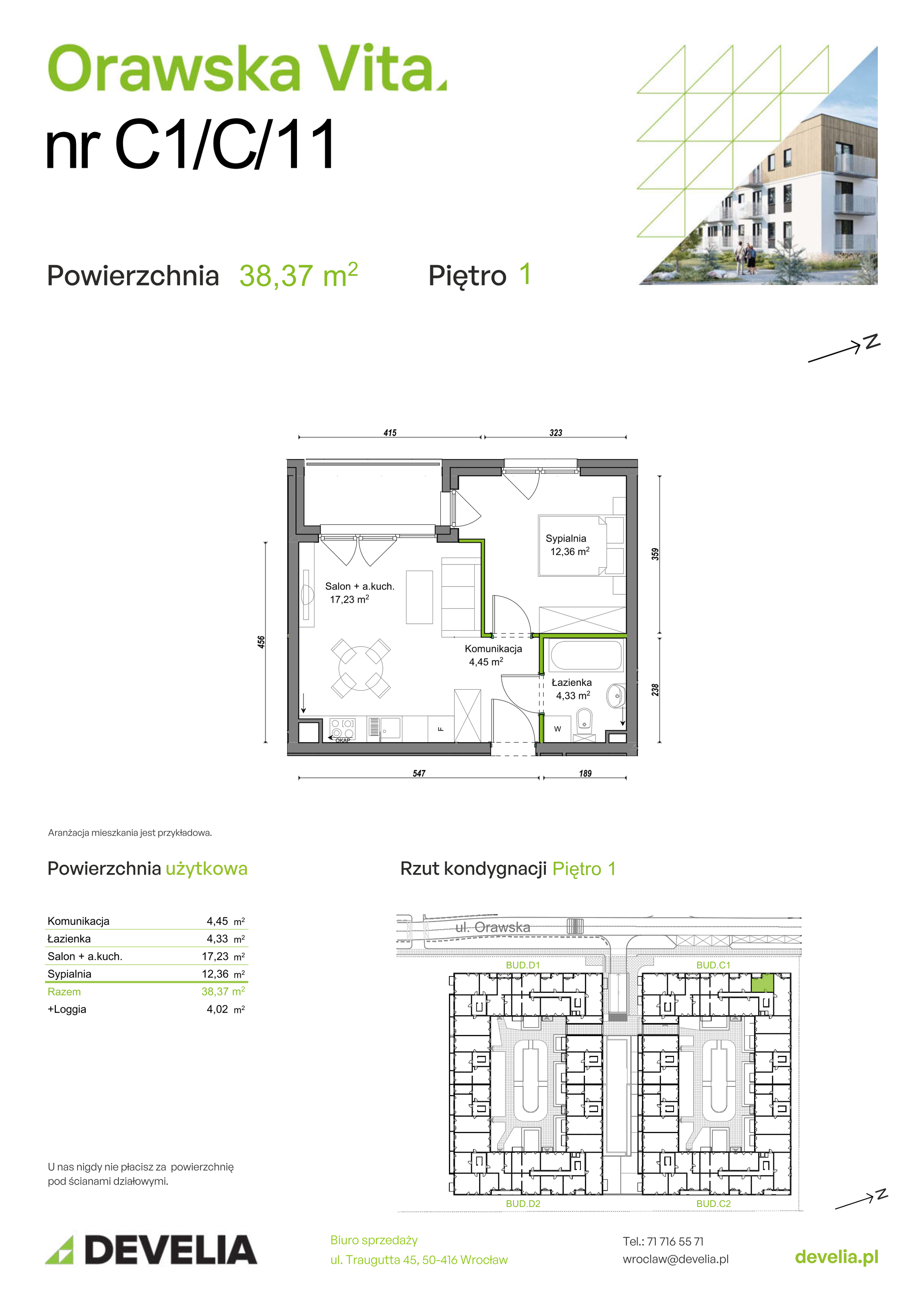 Mieszkanie 38,37 m², piętro 1, oferta nr C1/C/11, Orawska Vita II, Wrocław, Ołtaszyn, Krzyki, ul. Orawska 73-idx