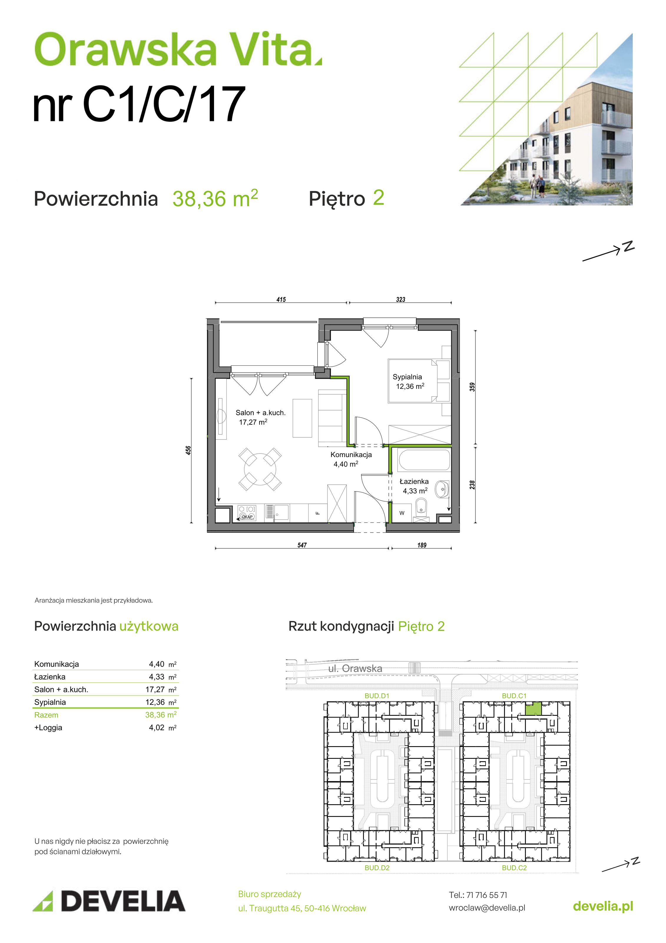 Mieszkanie 38,36 m², piętro 2, oferta nr C1/C/17, Orawska Vita II, Wrocław, Ołtaszyn, Krzyki, ul. Orawska 73-idx