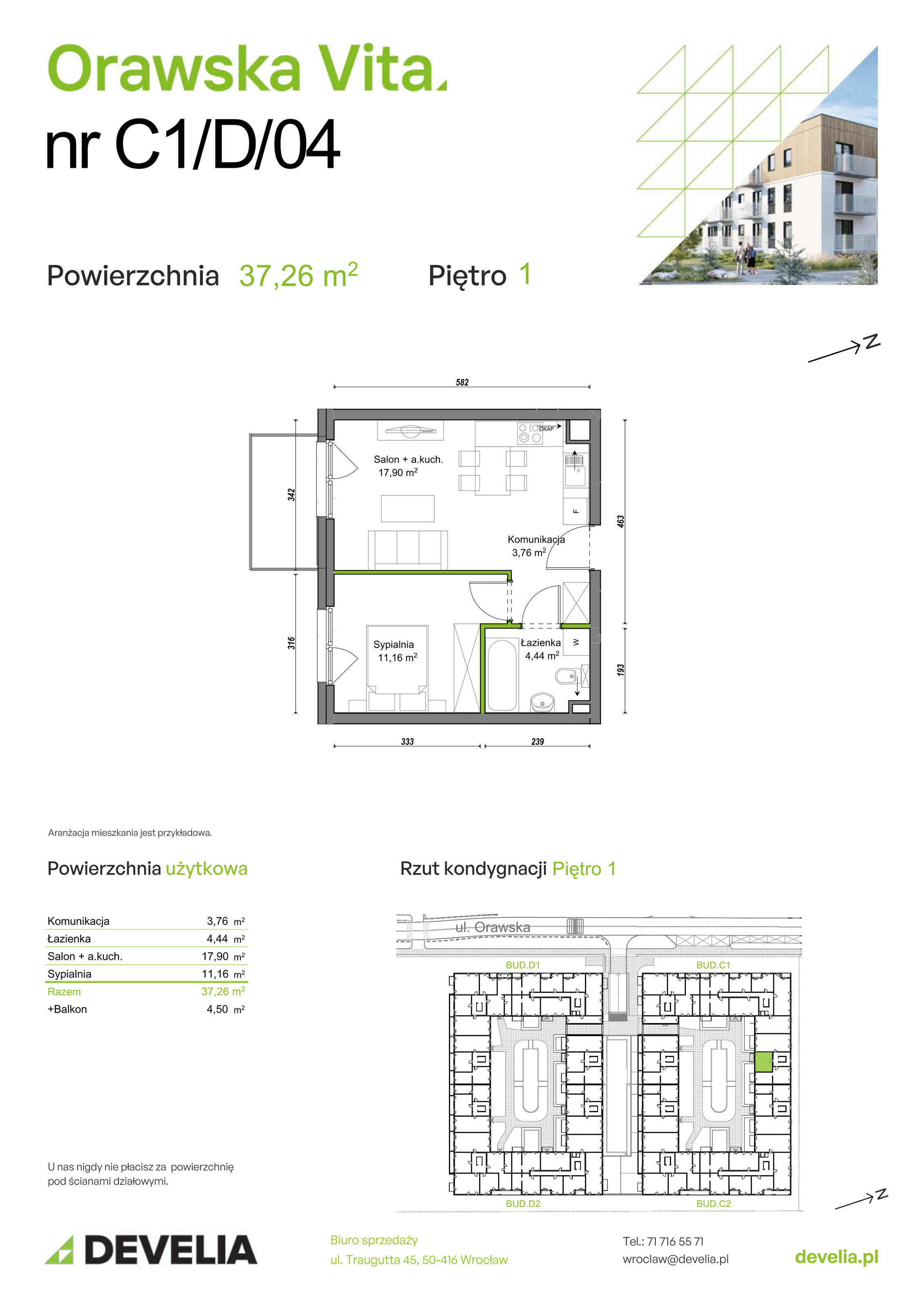 Mieszkanie 37,26 m², piętro 1, oferta nr C1/D/04, Orawska Vita II, Wrocław, Ołtaszyn, Krzyki, ul. Orawska 73-idx