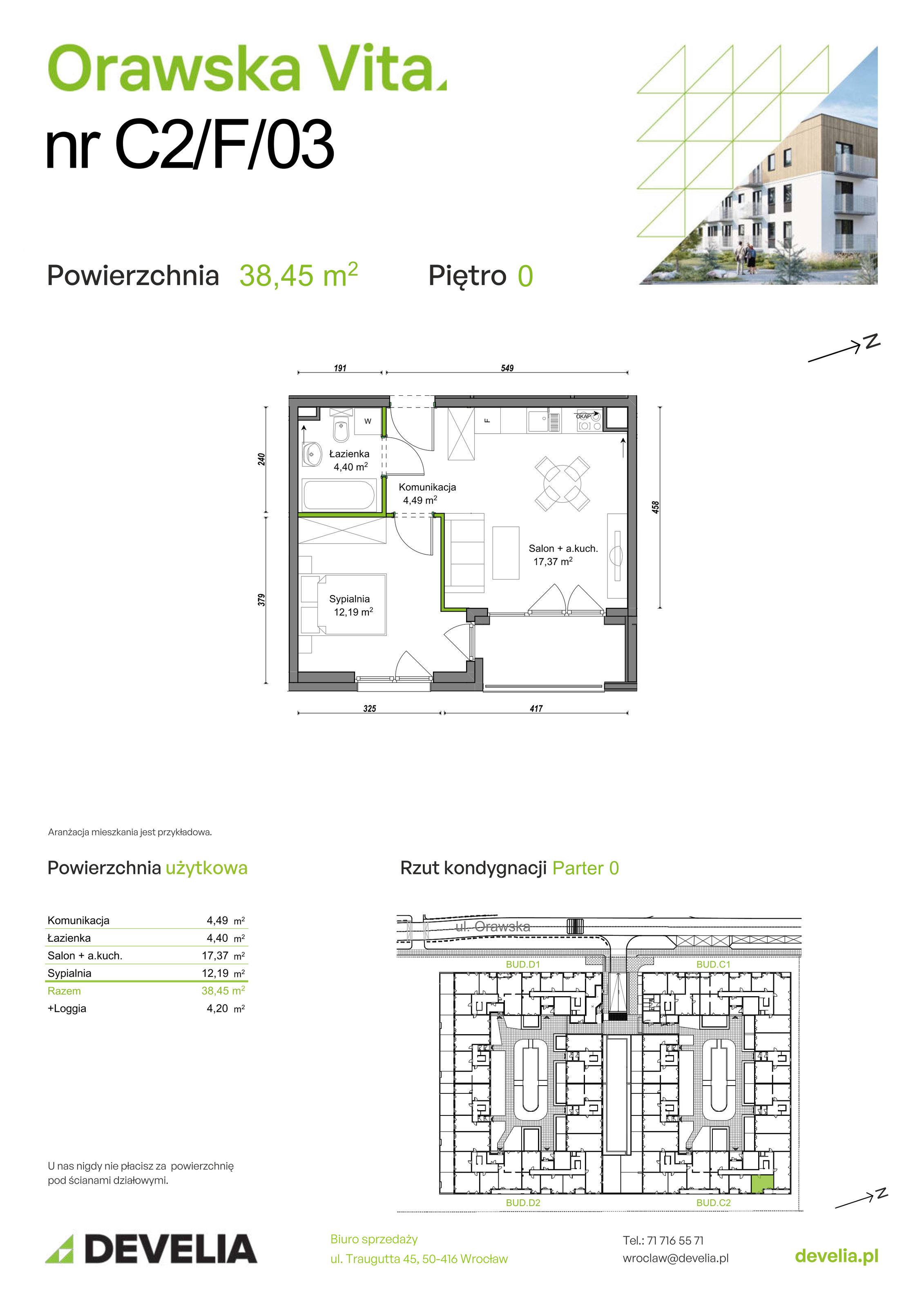 Mieszkanie 38,45 m², parter, oferta nr C2/F/03, Orawska Vita II, Wrocław, Ołtaszyn, Krzyki, ul. Orawska 73-idx