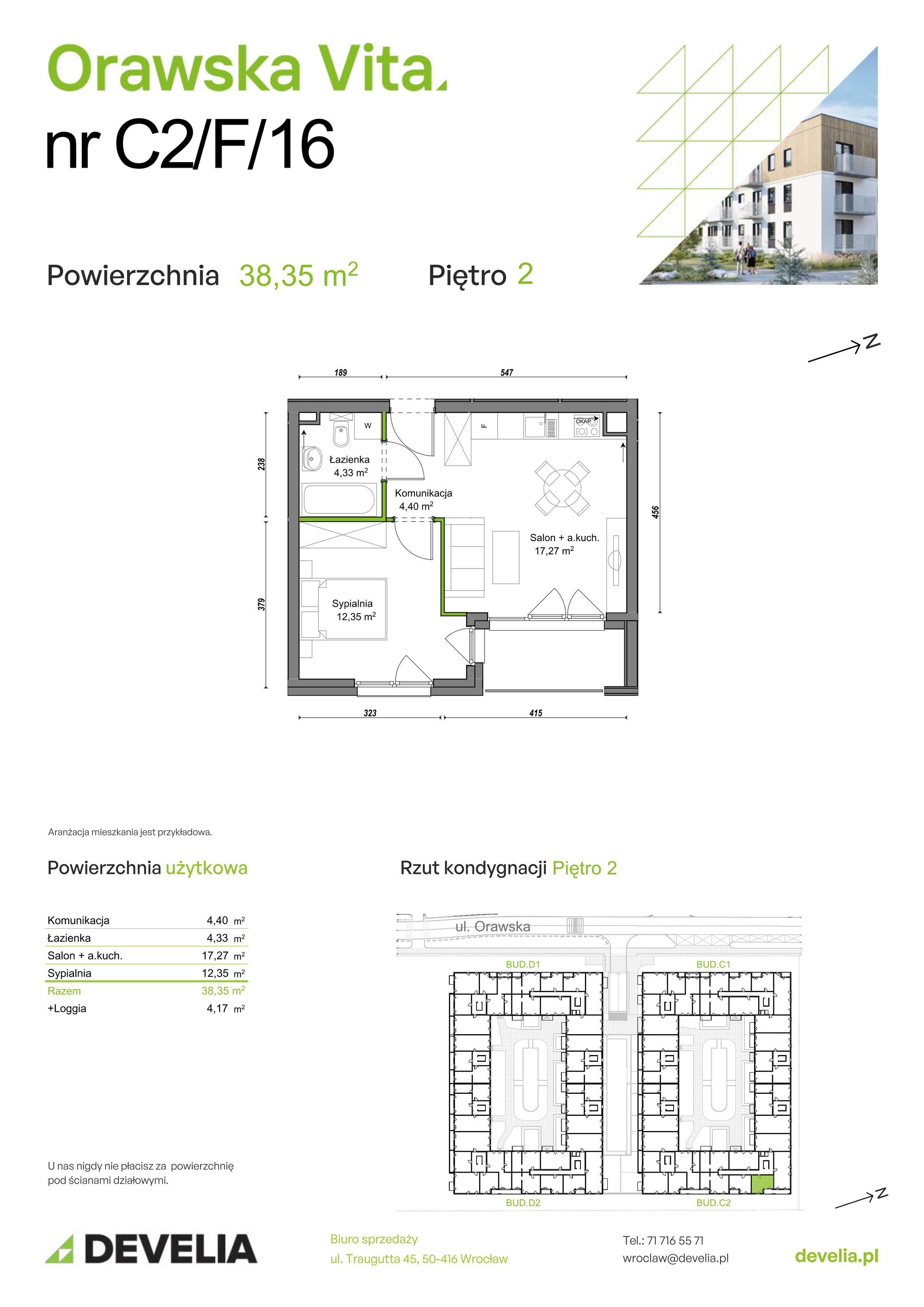 Mieszkanie 38,35 m², piętro 2, oferta nr C2/F/16, Orawska Vita II, Wrocław, Ołtaszyn, Krzyki, ul. Orawska 73-idx