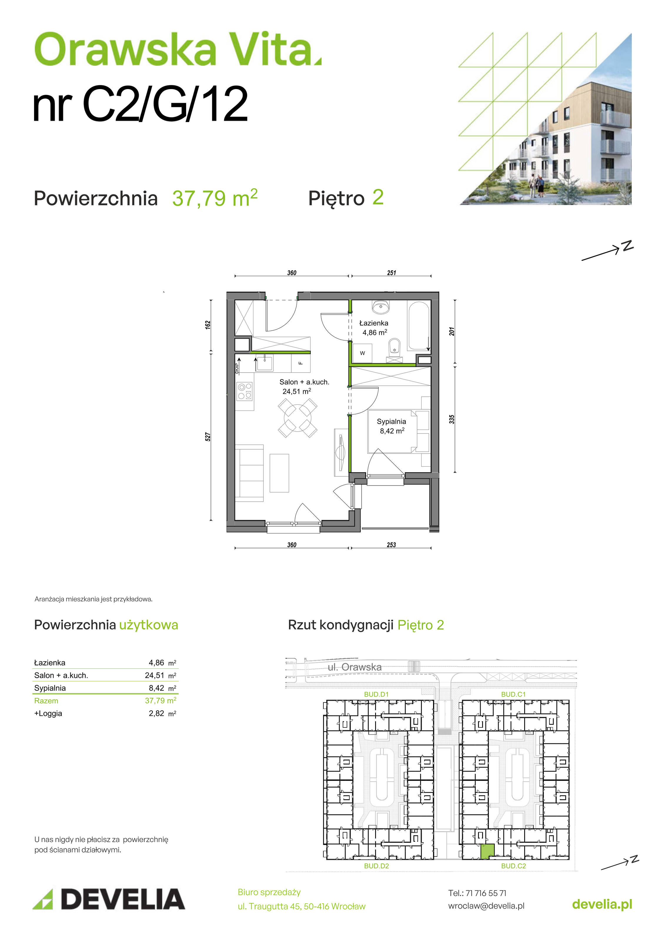 Mieszkanie 37,79 m², piętro 2, oferta nr C2/G/12, Orawska Vita II, Wrocław, Ołtaszyn, Krzyki, ul. Orawska 73-idx