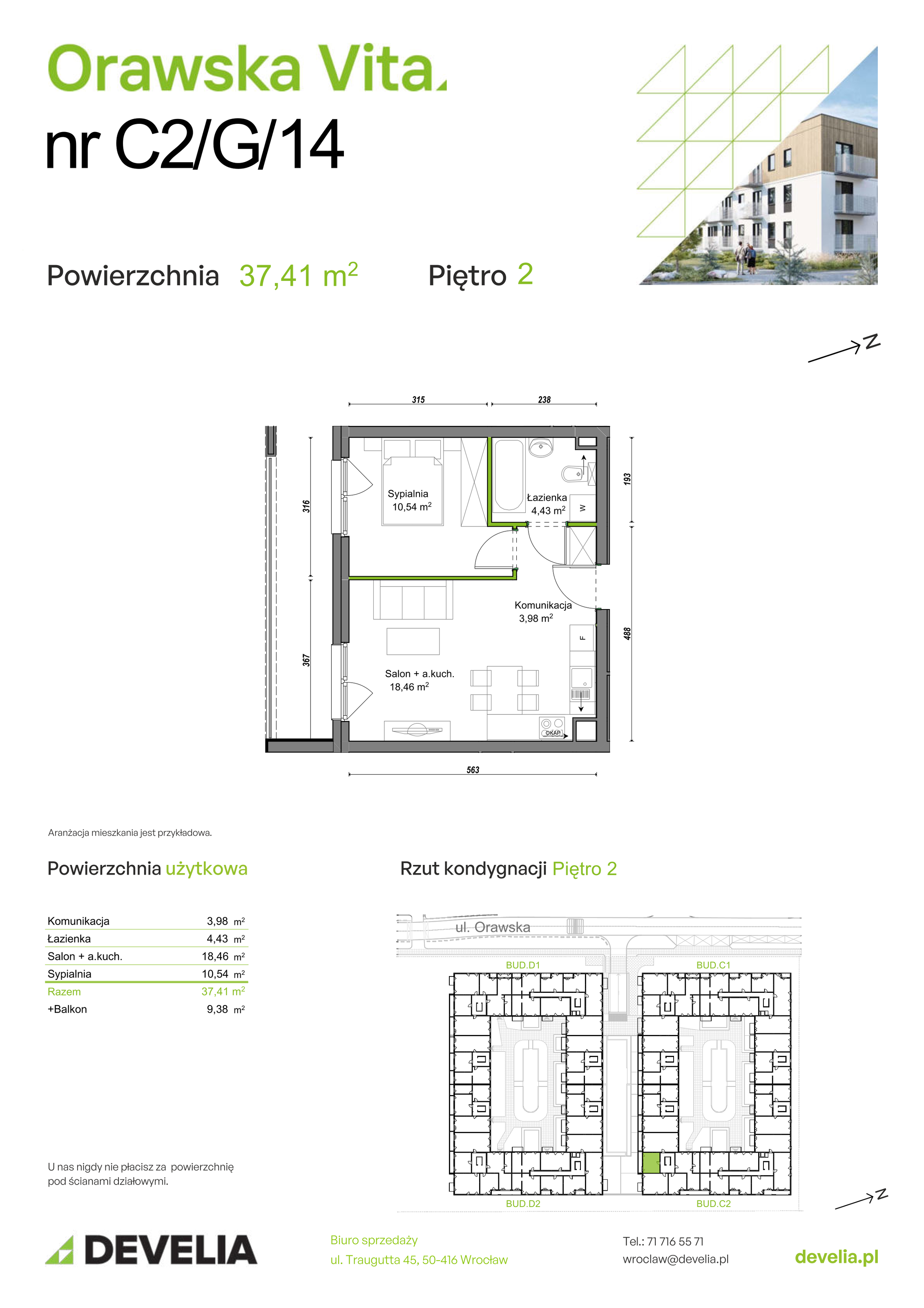 Mieszkanie 37,41 m², piętro 2, oferta nr C2/G/14, Orawska Vita II, Wrocław, Ołtaszyn, Krzyki, ul. Orawska 73-idx