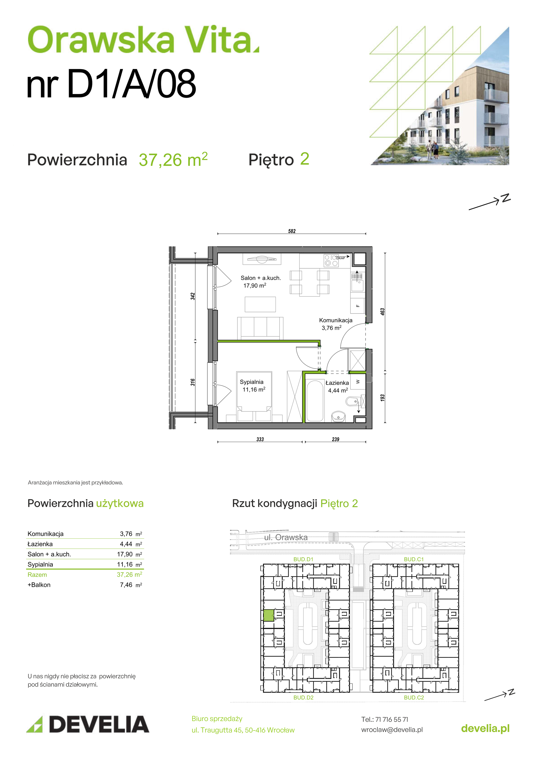 Mieszkanie 37,26 m², piętro 2, oferta nr D1/A/08, Orawska Vita II, Wrocław, Ołtaszyn, Krzyki, ul. Orawska 73-idx