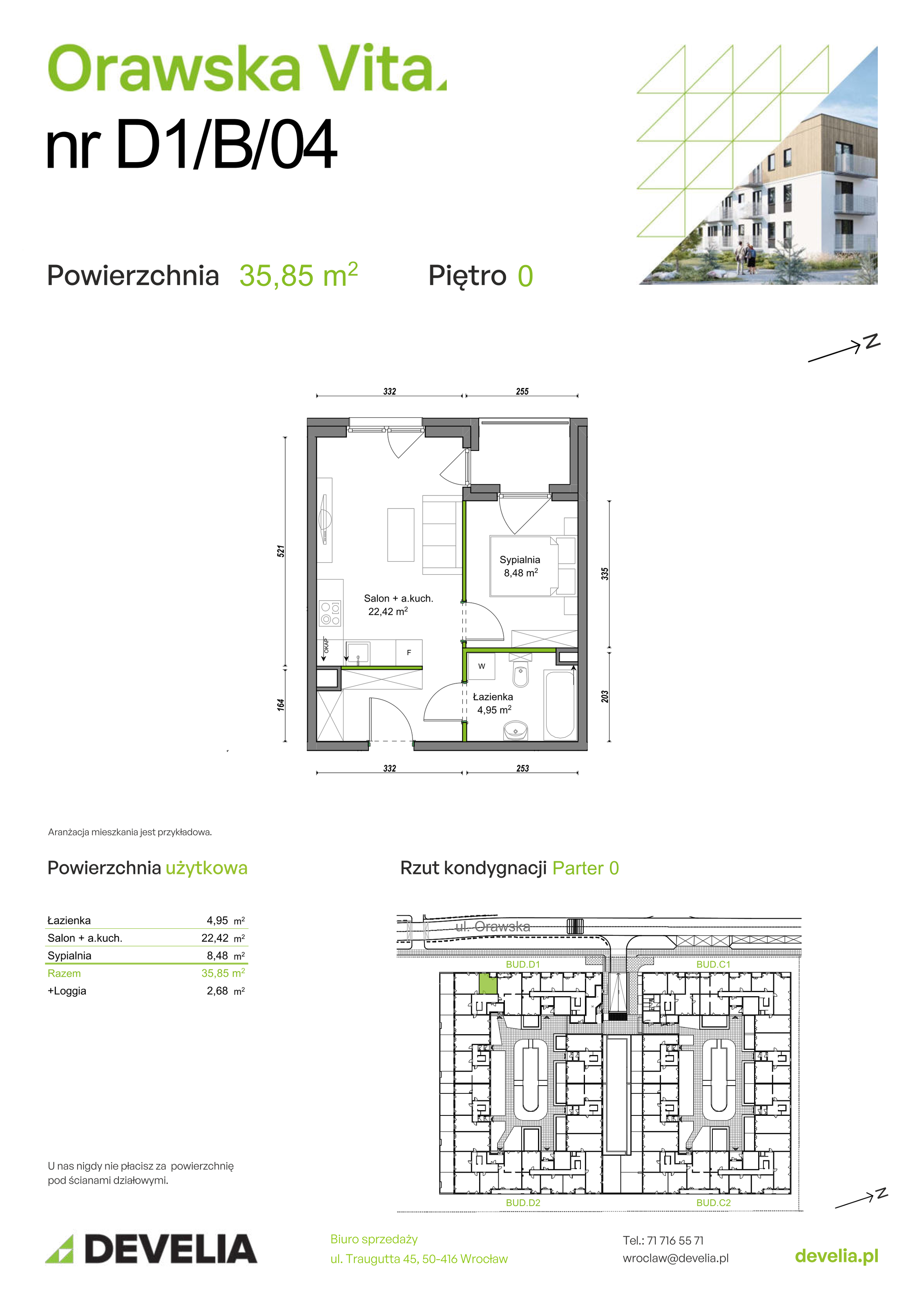 Mieszkanie 35,85 m², parter, oferta nr D1/B/04, Orawska Vita II, Wrocław, Ołtaszyn, Krzyki, ul. Orawska 73-idx