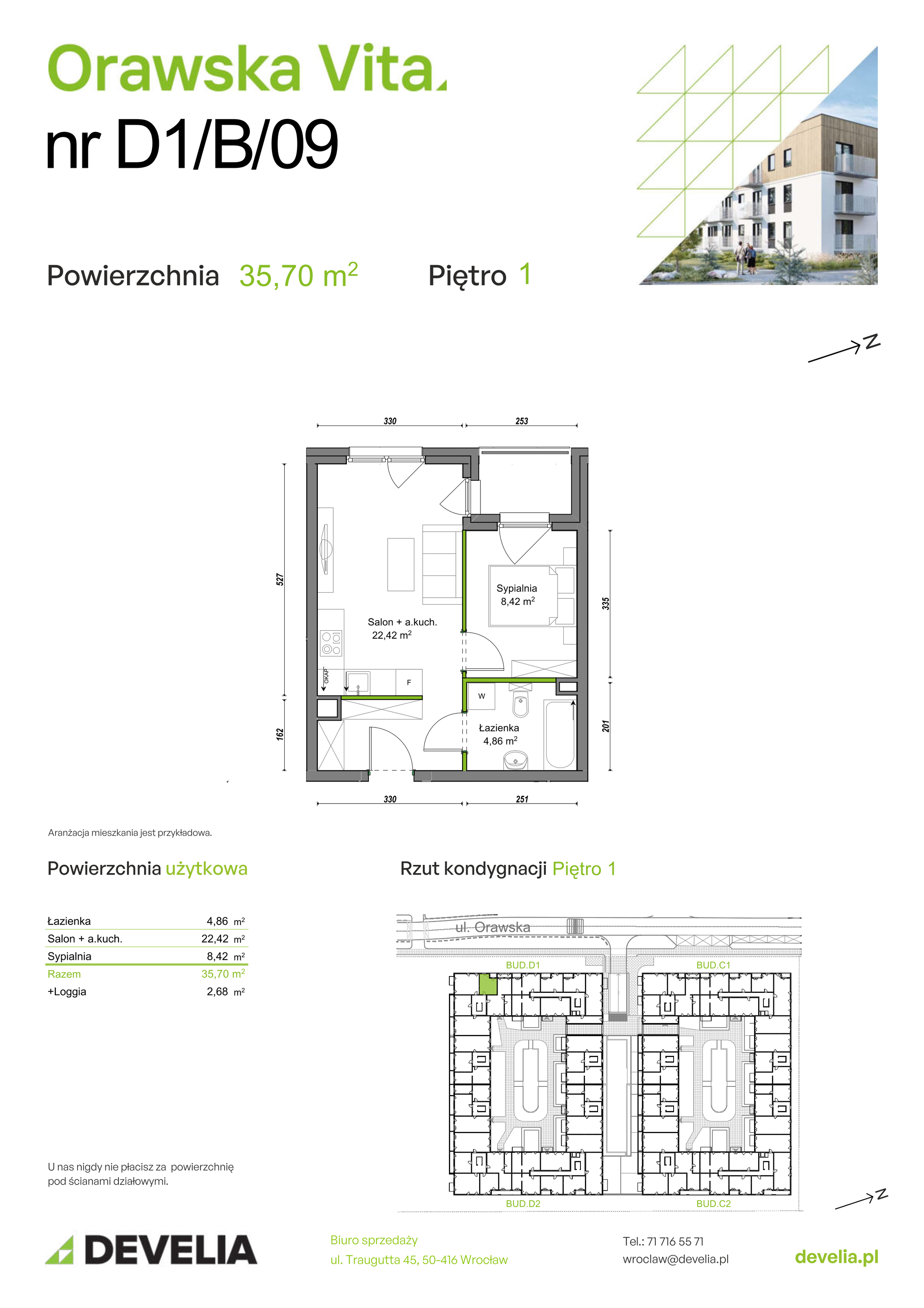 Mieszkanie 35,70 m², piętro 1, oferta nr D1/B/09, Orawska Vita II, Wrocław, Ołtaszyn, Krzyki, ul. Orawska 73-idx