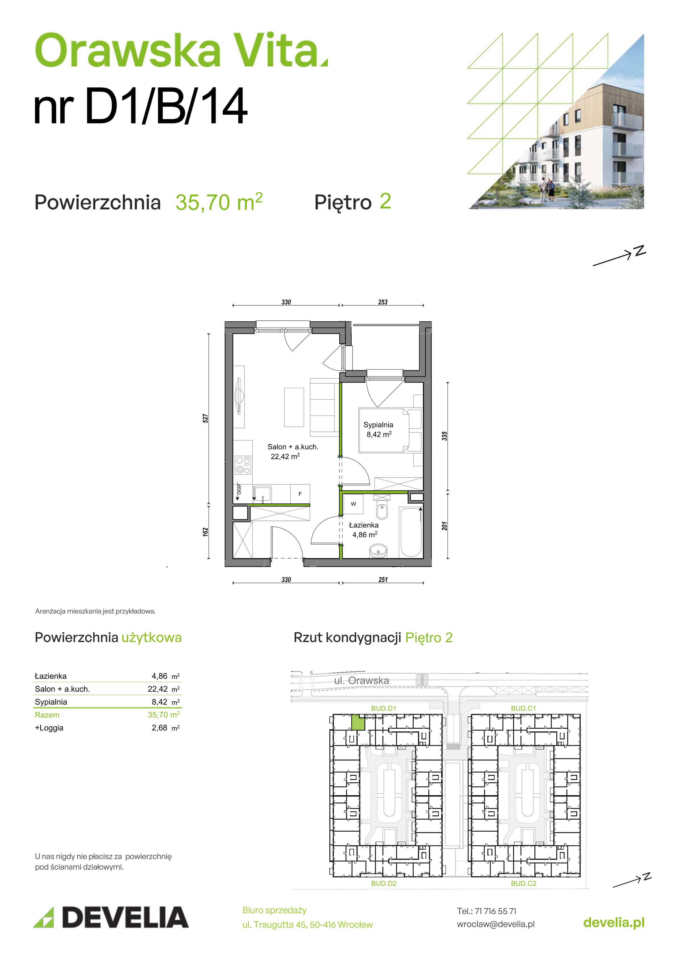 Mieszkanie 35,70 m², piętro 2, oferta nr D1/B/14, Orawska Vita II, Wrocław, Ołtaszyn, Krzyki, ul. Orawska 73-idx