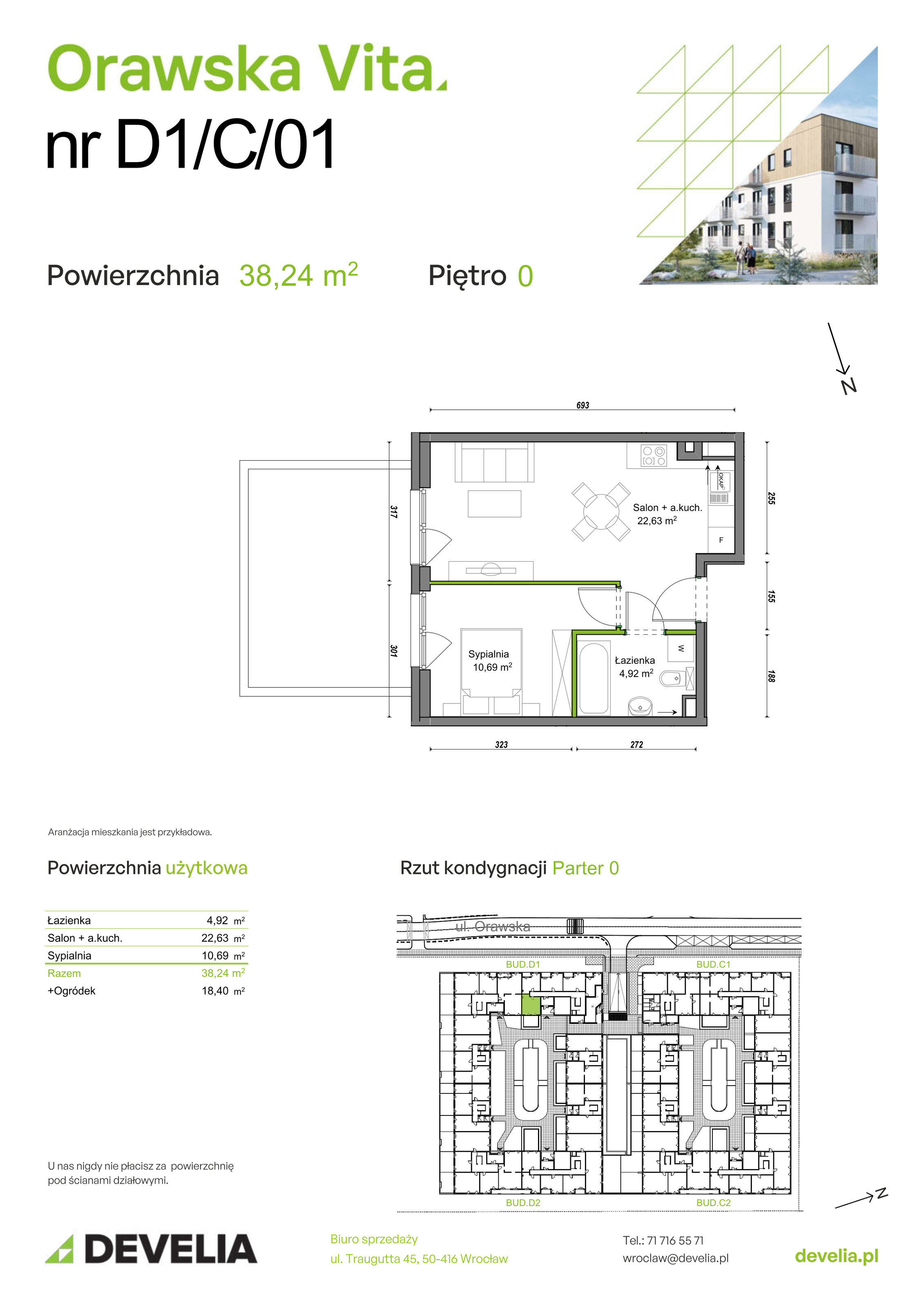 Mieszkanie 38,24 m², parter, oferta nr D1/C/01, Orawska Vita II, Wrocław, Ołtaszyn, Krzyki, ul. Orawska 73-idx