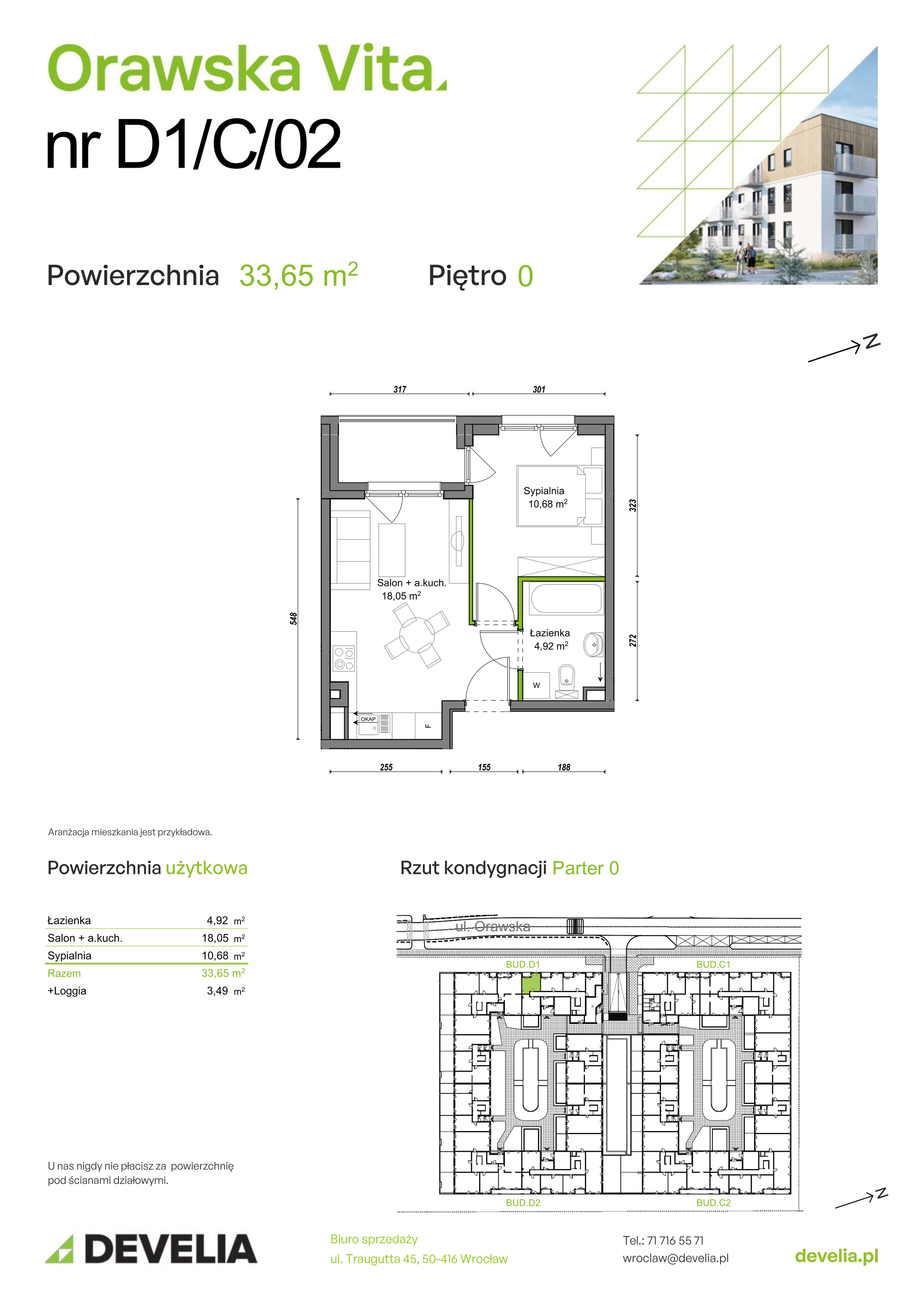 Mieszkanie 33,65 m², parter, oferta nr D1/C/02, Orawska Vita II, Wrocław, Ołtaszyn, Krzyki, ul. Orawska 73-idx