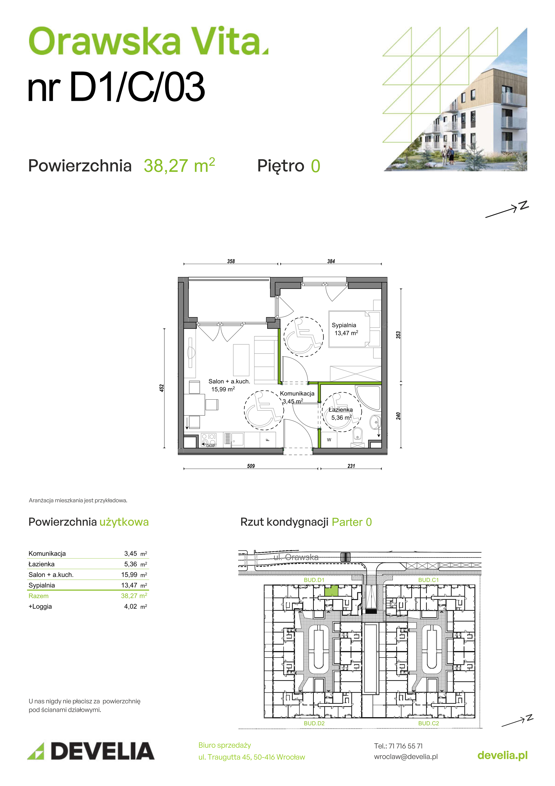 Mieszkanie 38,27 m², parter, oferta nr D1/C/03, Orawska Vita II, Wrocław, Ołtaszyn, Krzyki, ul. Orawska 73-idx