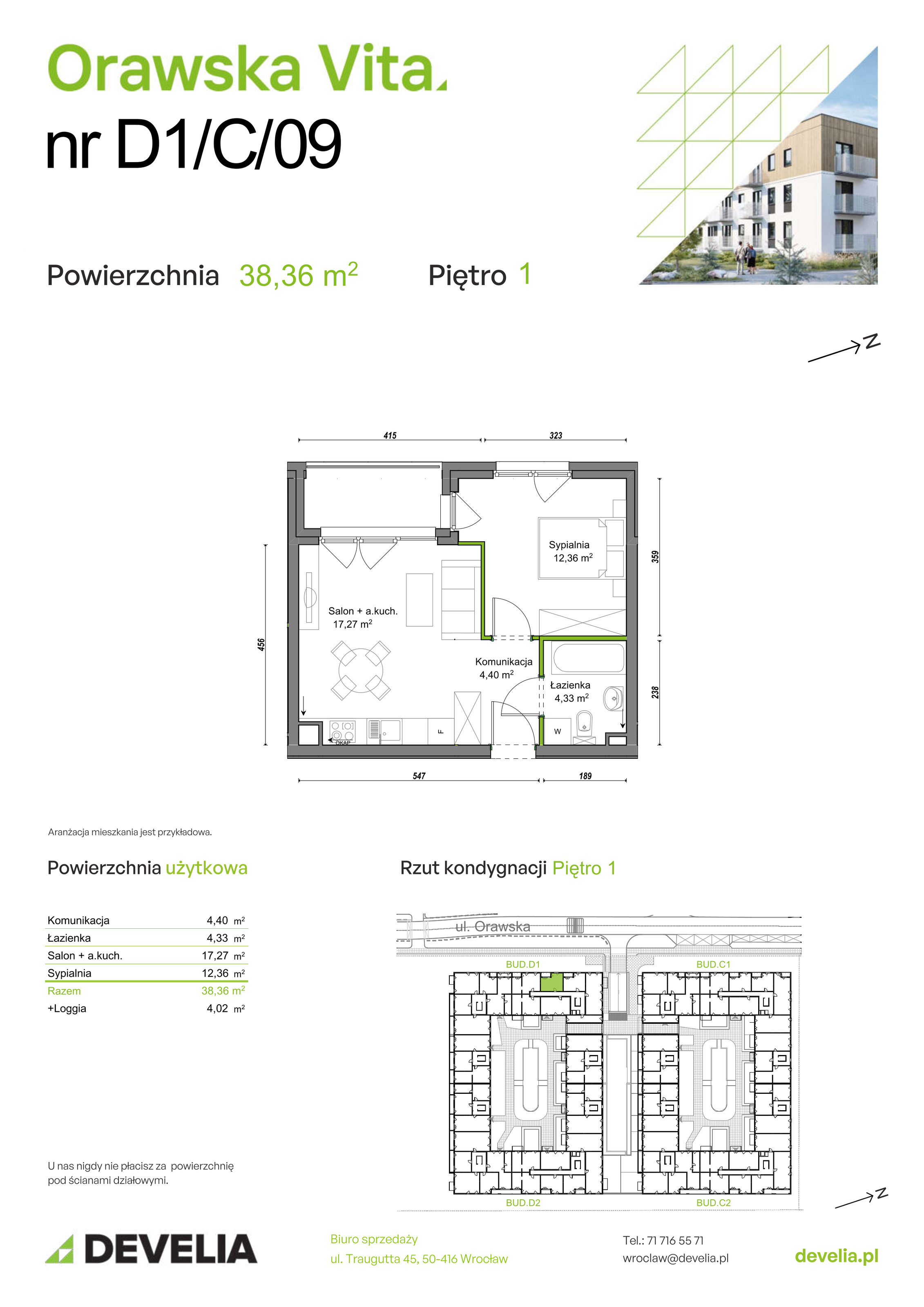 Mieszkanie 38,36 m², piętro 1, oferta nr D1/C/09, Orawska Vita II, Wrocław, Ołtaszyn, Krzyki, ul. Orawska 73-idx