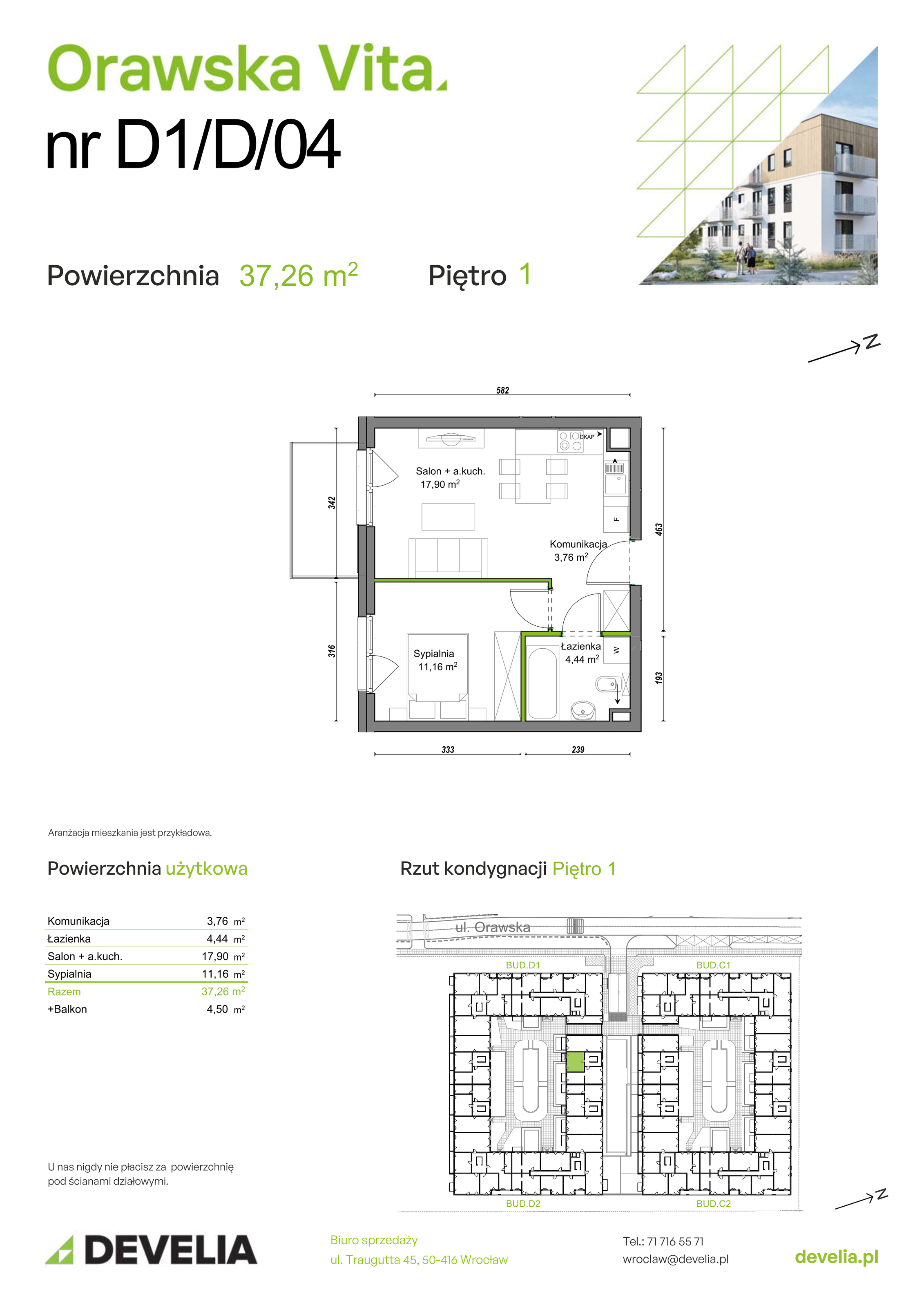 Mieszkanie 37,26 m², piętro 1, oferta nr D1/D/04, Orawska Vita II, Wrocław, Ołtaszyn, Krzyki, ul. Orawska 73-idx