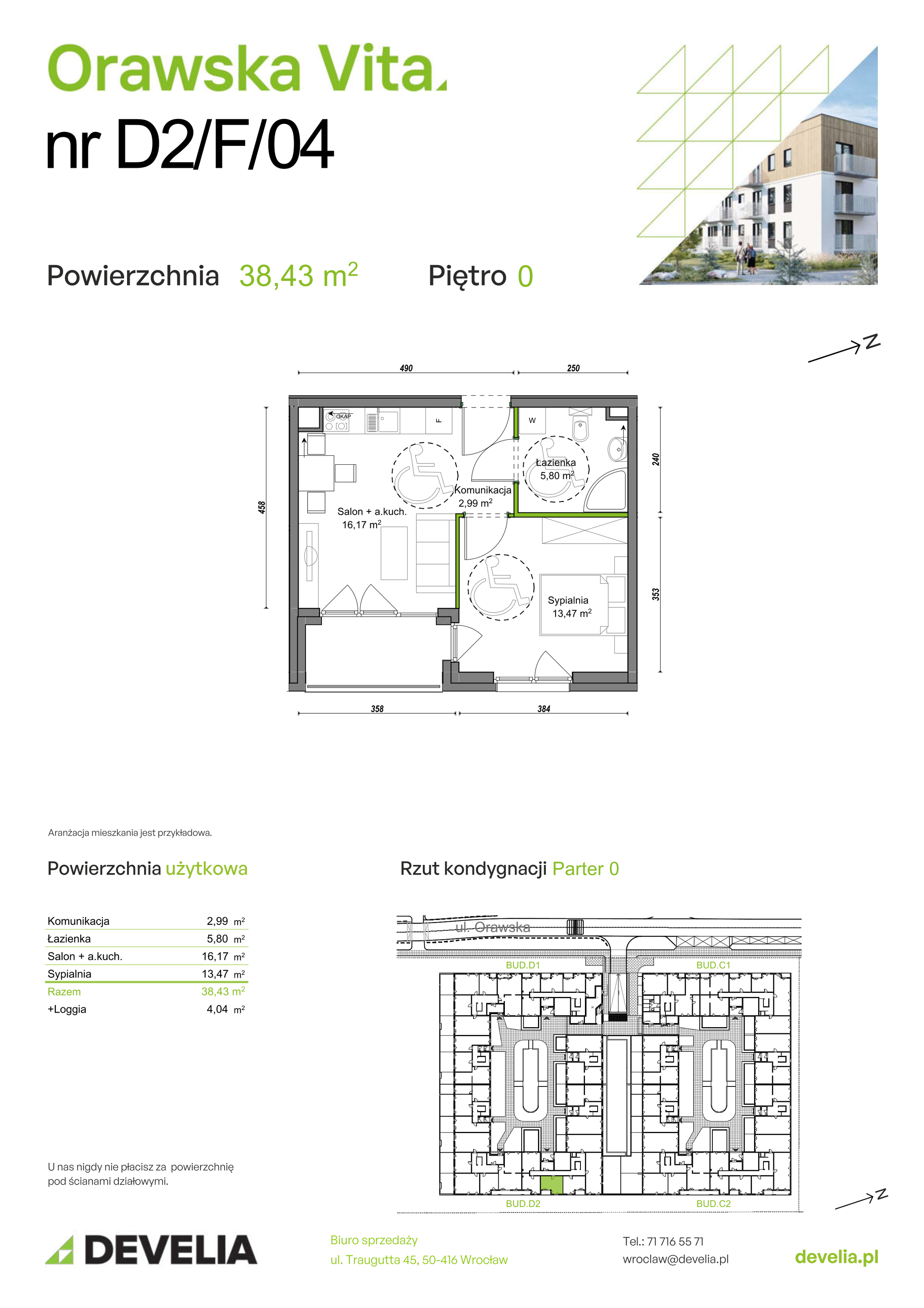 Mieszkanie 38,43 m², parter, oferta nr D2/F/04, Orawska Vita II, Wrocław, Ołtaszyn, Krzyki, ul. Orawska 73-idx