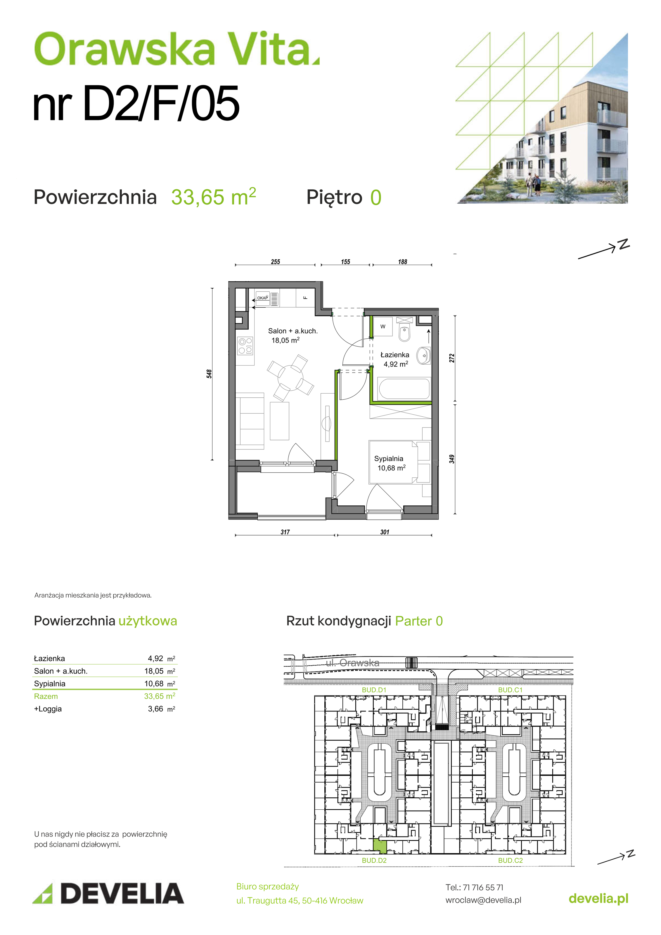 Mieszkanie 33,65 m², parter, oferta nr D2/F/05, Orawska Vita II, Wrocław, Ołtaszyn, Krzyki, ul. Orawska 73-idx