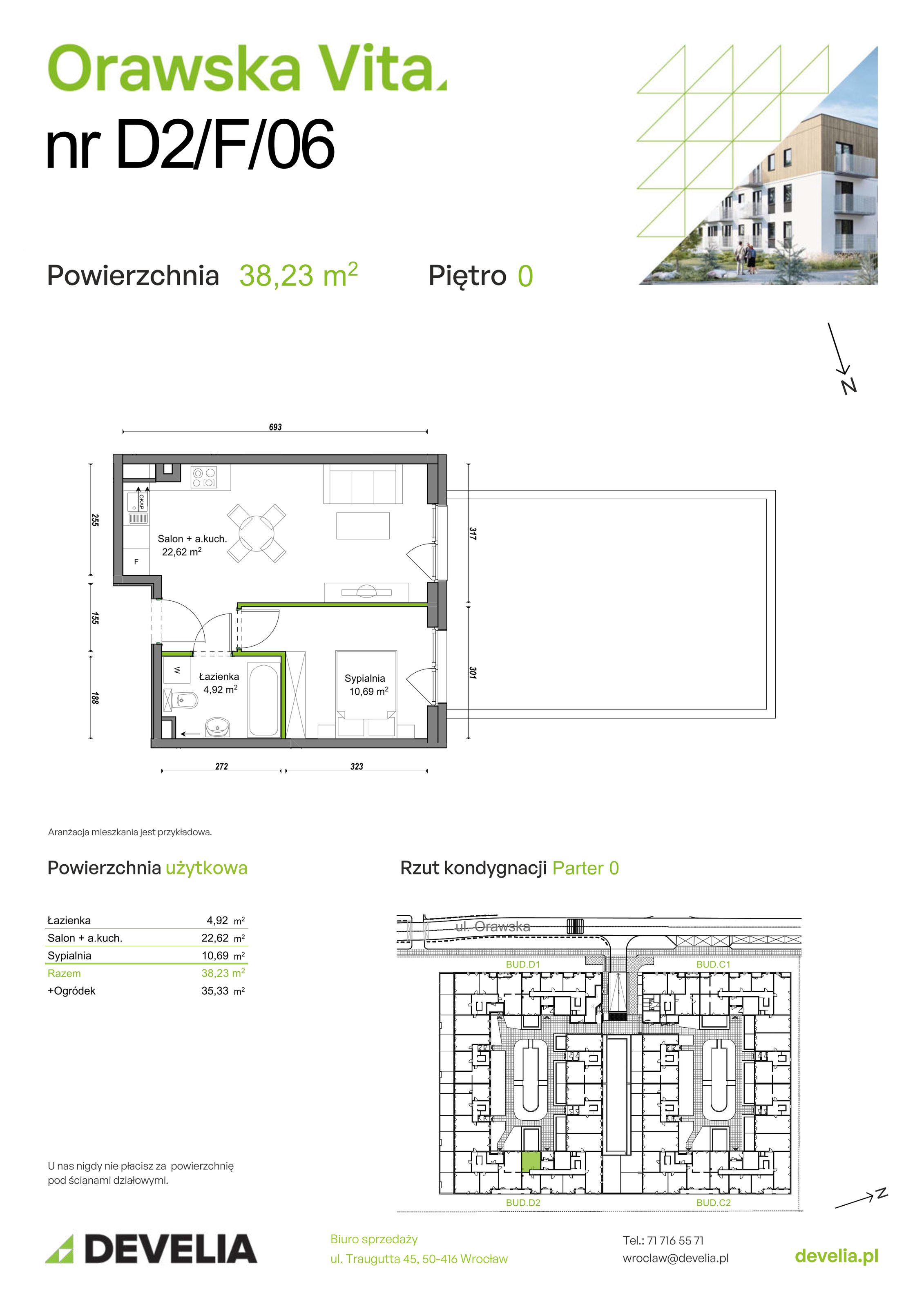 Mieszkanie 38,23 m², parter, oferta nr D2/F/06, Orawska Vita II, Wrocław, Ołtaszyn, Krzyki, ul. Orawska 73-idx