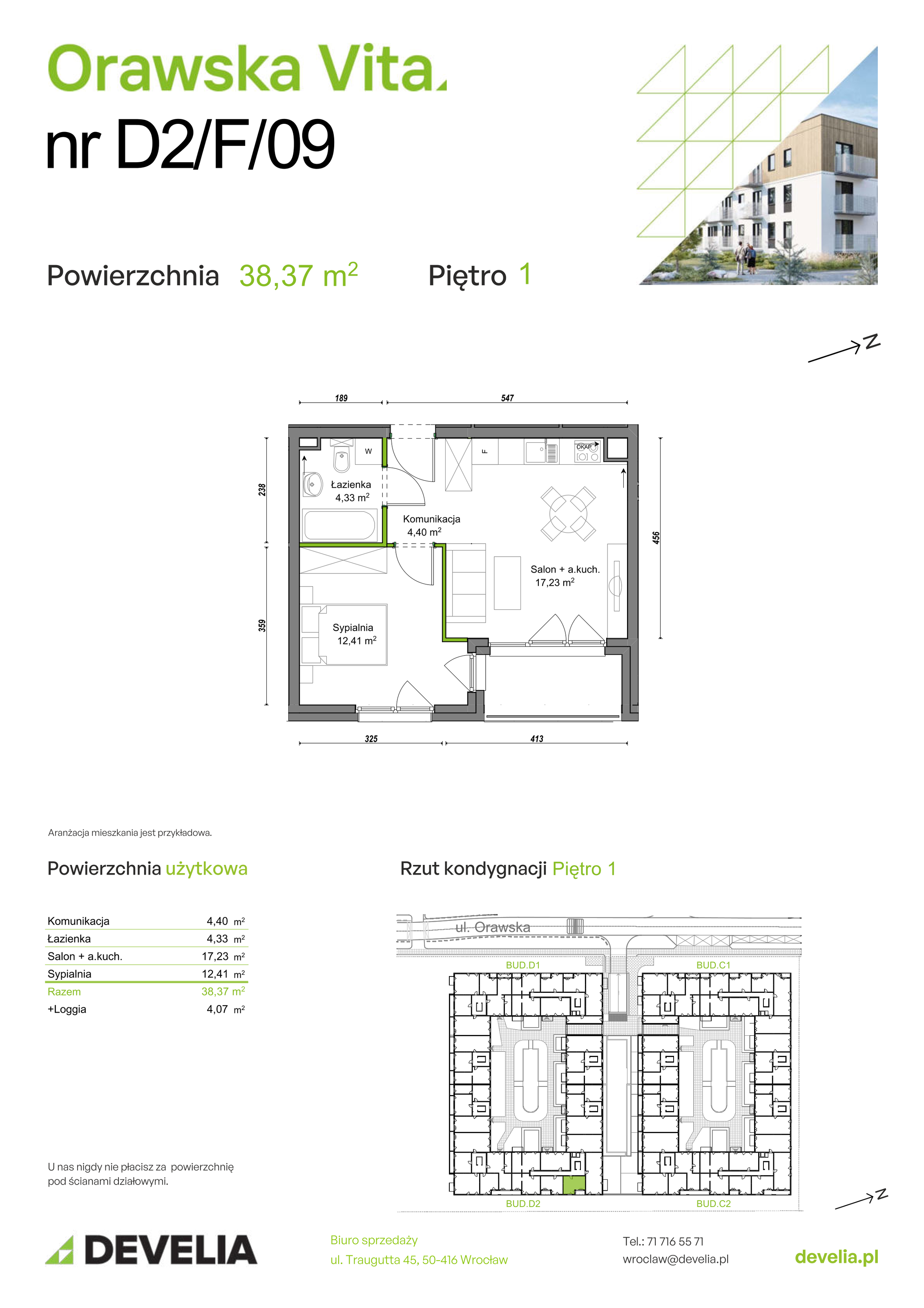 Mieszkanie 38,37 m², piętro 1, oferta nr D2/F/09, Orawska Vita II, Wrocław, Ołtaszyn, Krzyki, ul. Orawska 73-idx