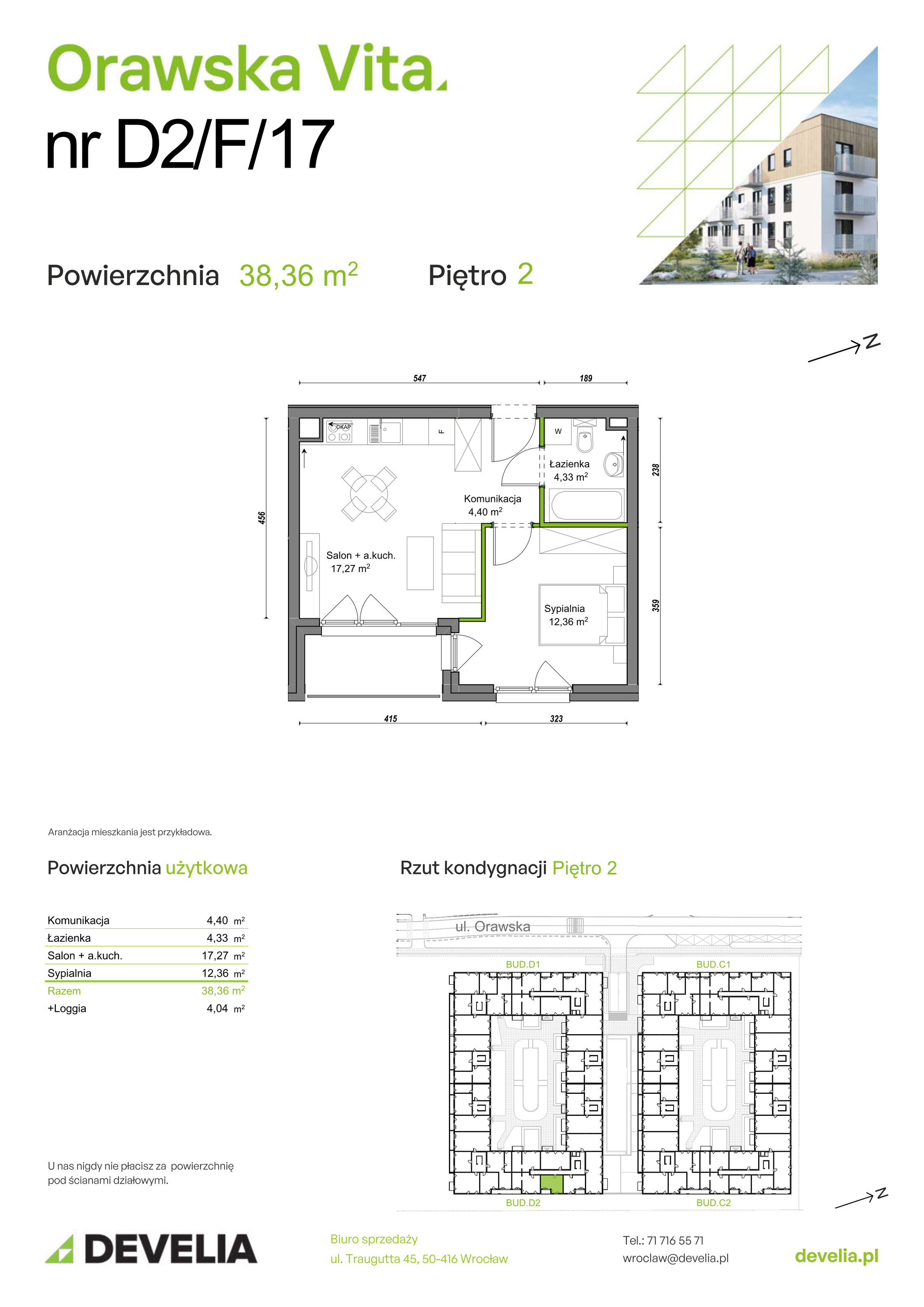 Mieszkanie 38,36 m², piętro 2, oferta nr D2/F/17, Orawska Vita II, Wrocław, Ołtaszyn, Krzyki, ul. Orawska 73-idx