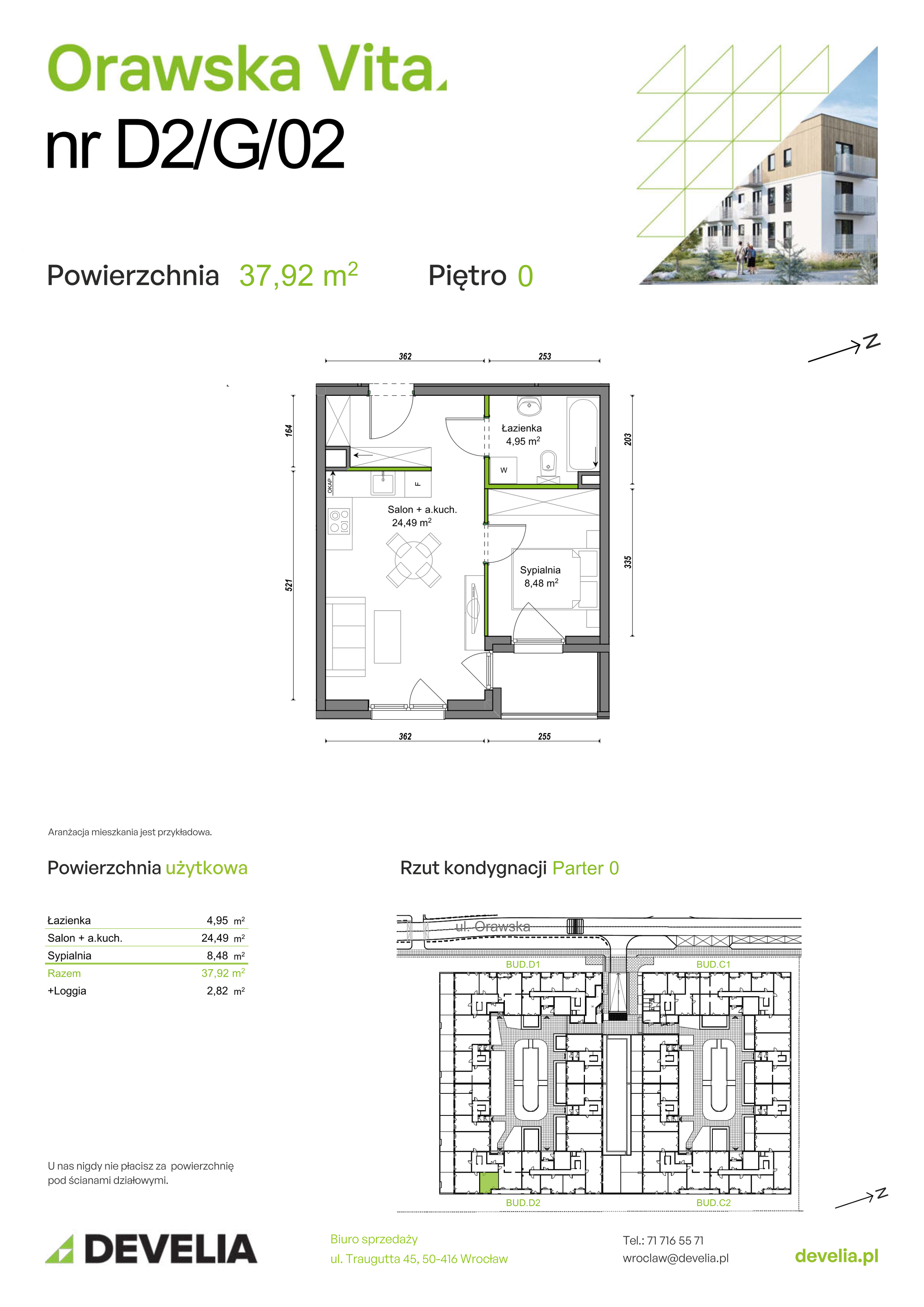 Mieszkanie 37,92 m², parter, oferta nr D2/G/02, Orawska Vita II, Wrocław, Ołtaszyn, Krzyki, ul. Orawska 73-idx