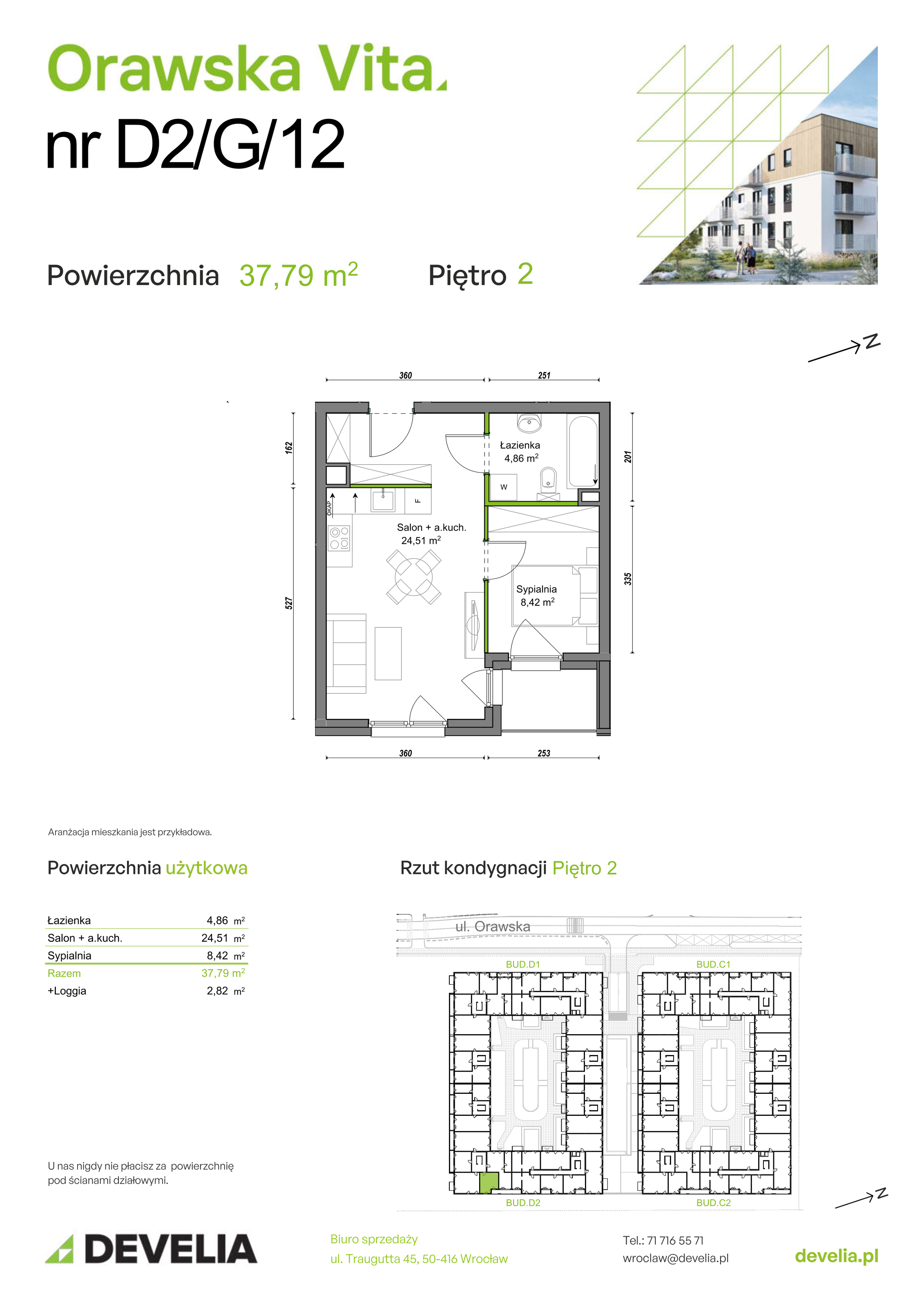 Mieszkanie 37,79 m², piętro 2, oferta nr D2/G/12, Orawska Vita II, Wrocław, Ołtaszyn, Krzyki, ul. Orawska 73-idx