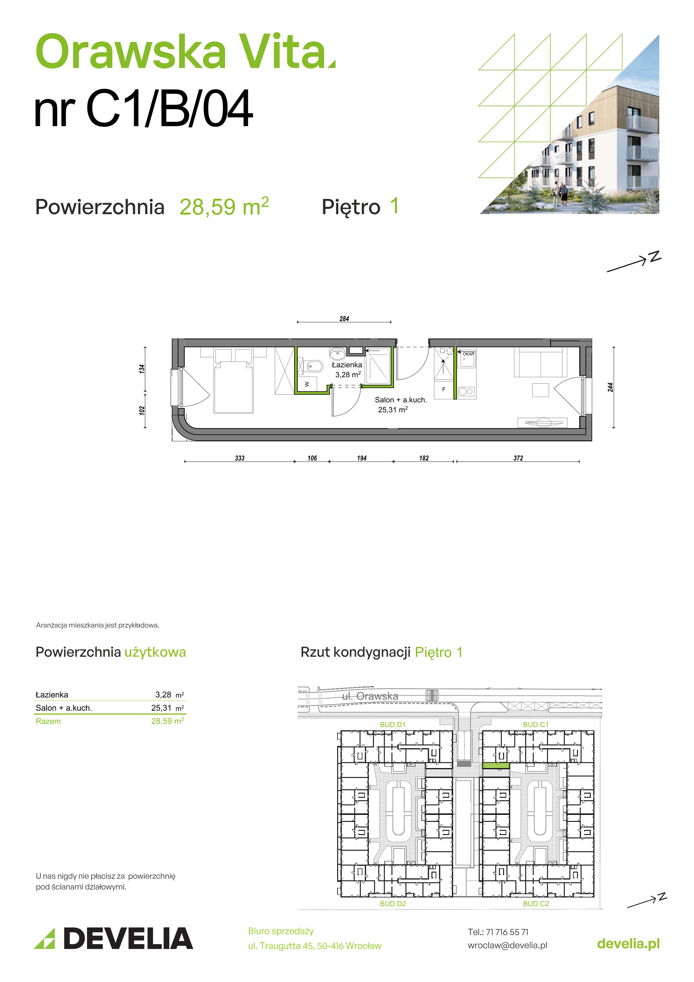 Mieszkanie 28,59 m², piętro 1, oferta nr C1/B/04, Orawska Vita II, Wrocław, Ołtaszyn, Krzyki, ul. Orawska 73-idx