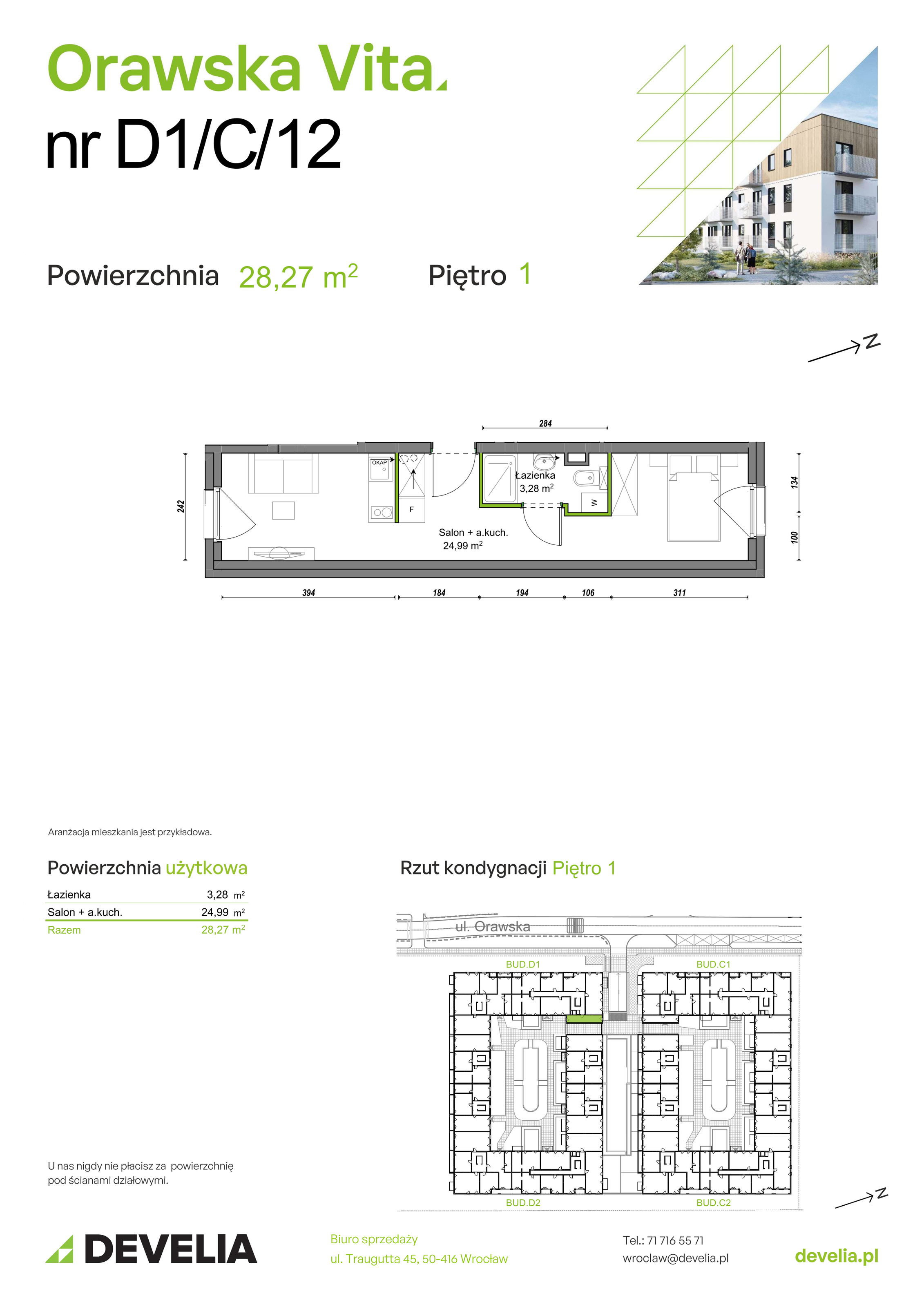 Mieszkanie 28,27 m², piętro 1, oferta nr D1/C/12, Orawska Vita II, Wrocław, Ołtaszyn, Krzyki, ul. Orawska 73-idx