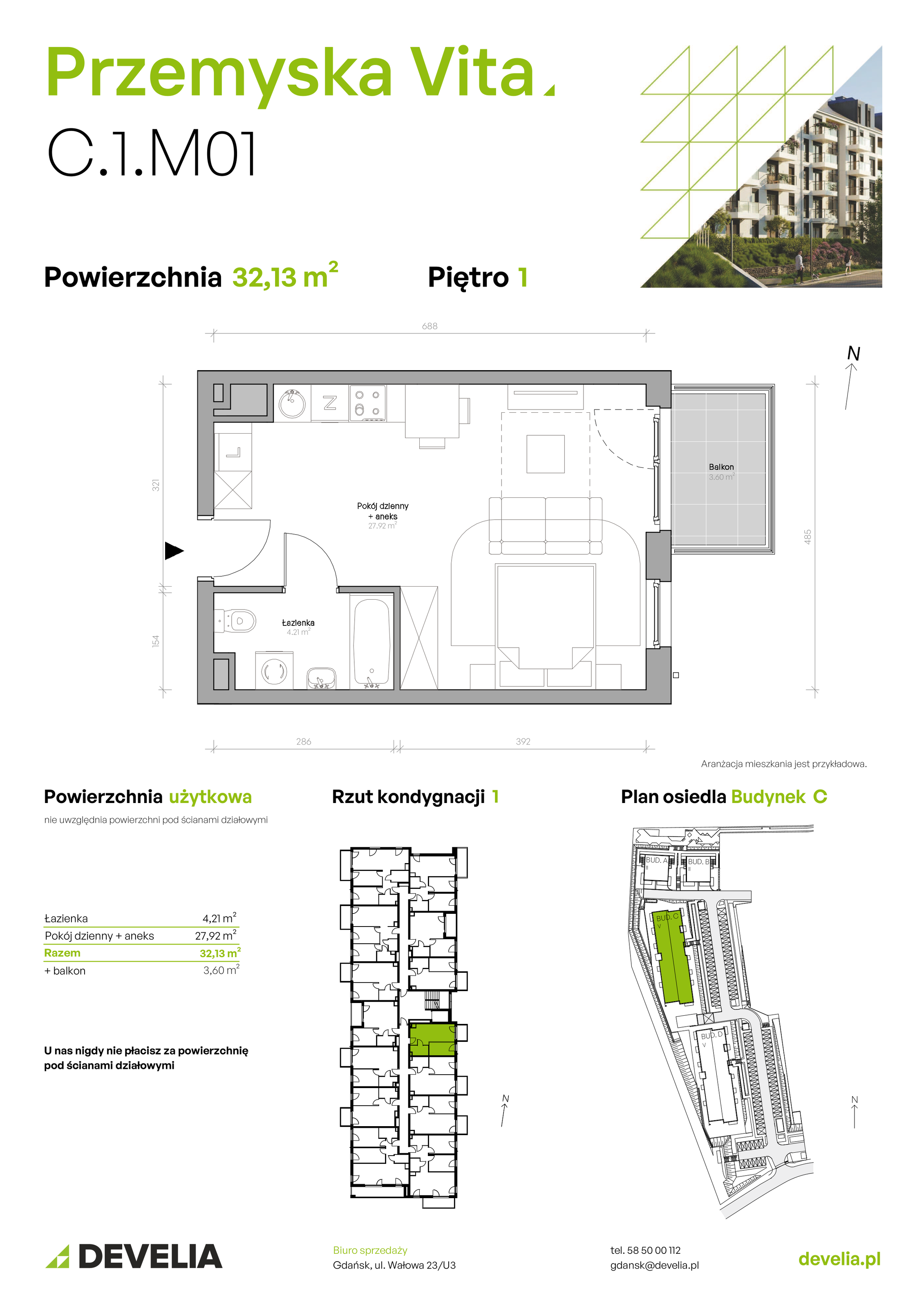 Mieszkanie 32,13 m², piętro 1, oferta nr C.1.M01, Przemyska Vita, Gdańsk, Ujeścisko-Łostowice, Ujeścisko, ul. Przemyska 37-idx