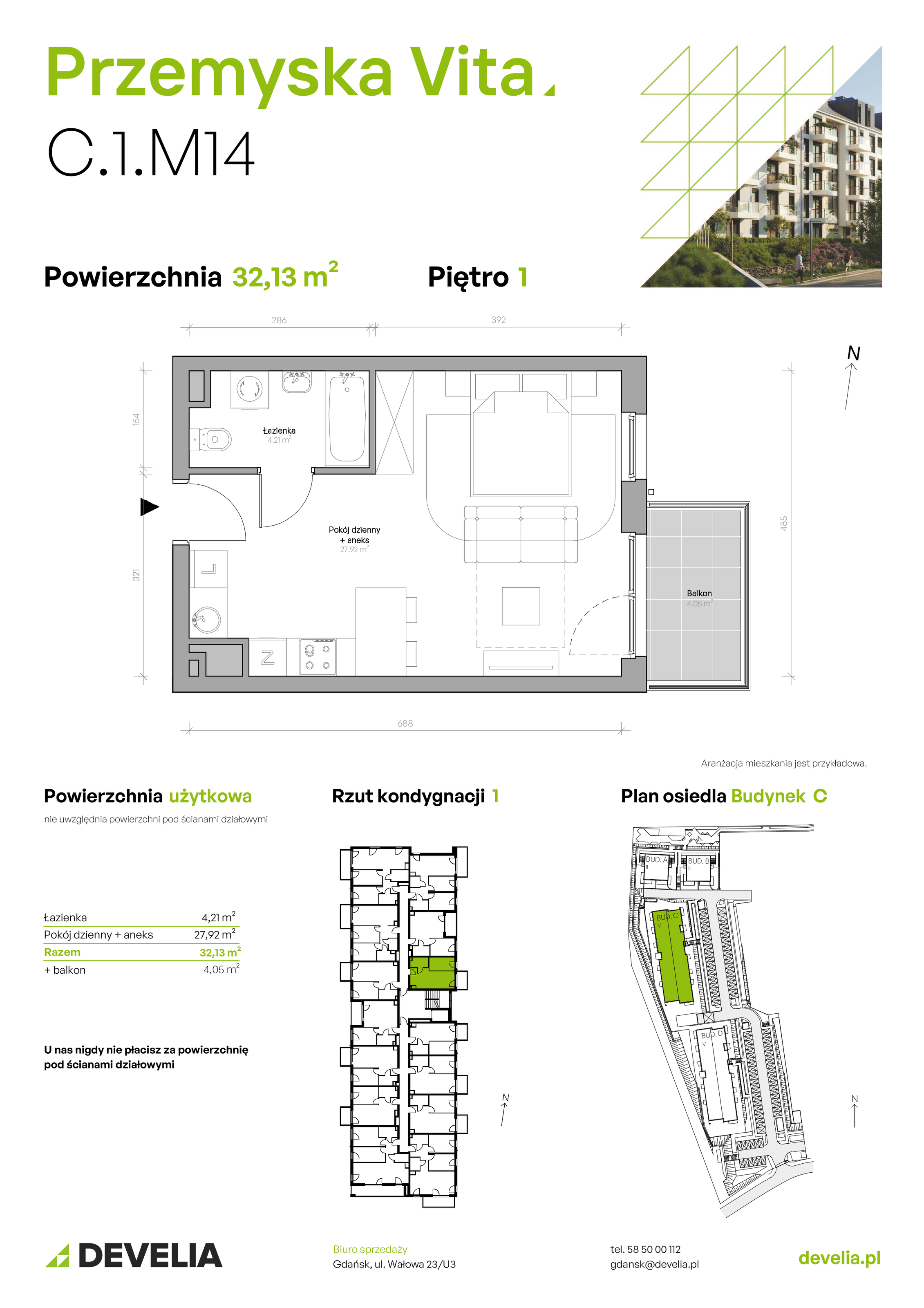 Mieszkanie 32,13 m², piętro 1, oferta nr C.1.M14, Przemyska Vita, Gdańsk, Ujeścisko-Łostowice, Ujeścisko, ul. Przemyska 37-idx