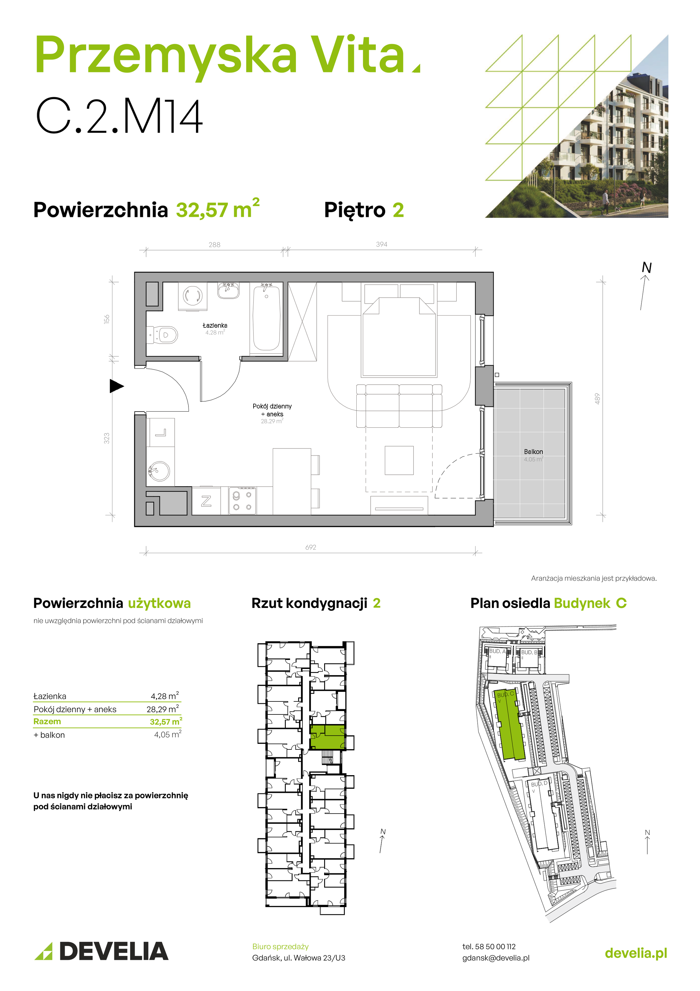 Mieszkanie 32,57 m², piętro 2, oferta nr C.2.M14, Przemyska Vita, Gdańsk, Ujeścisko-Łostowice, Ujeścisko, ul. Przemyska 37-idx