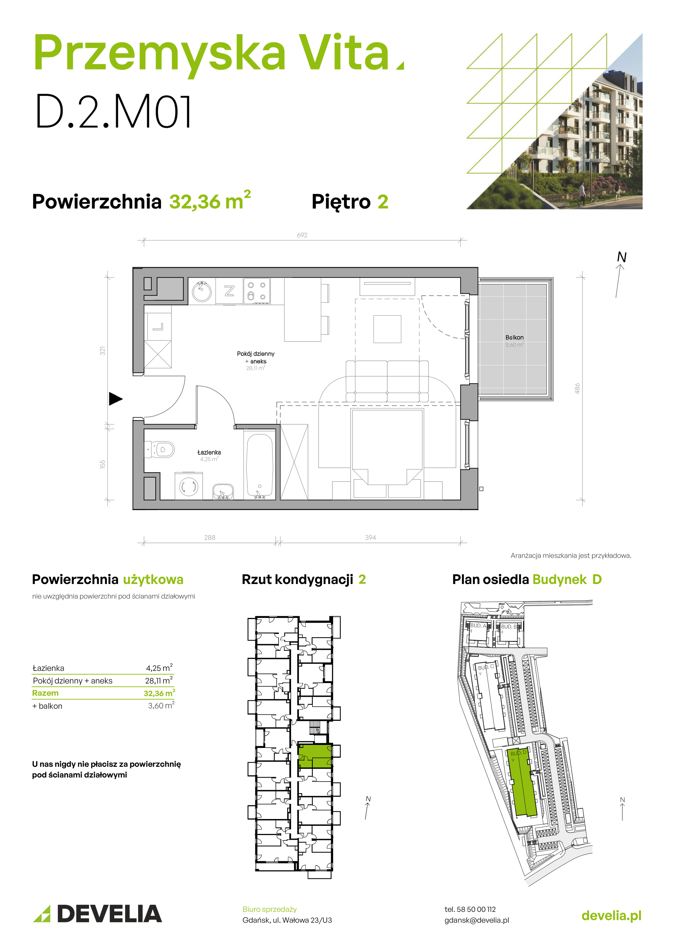 Mieszkanie 32,36 m², piętro 2, oferta nr D.2.M01, Przemyska Vita, Gdańsk, Ujeścisko-Łostowice, Ujeścisko, ul. Przemyska 37-idx