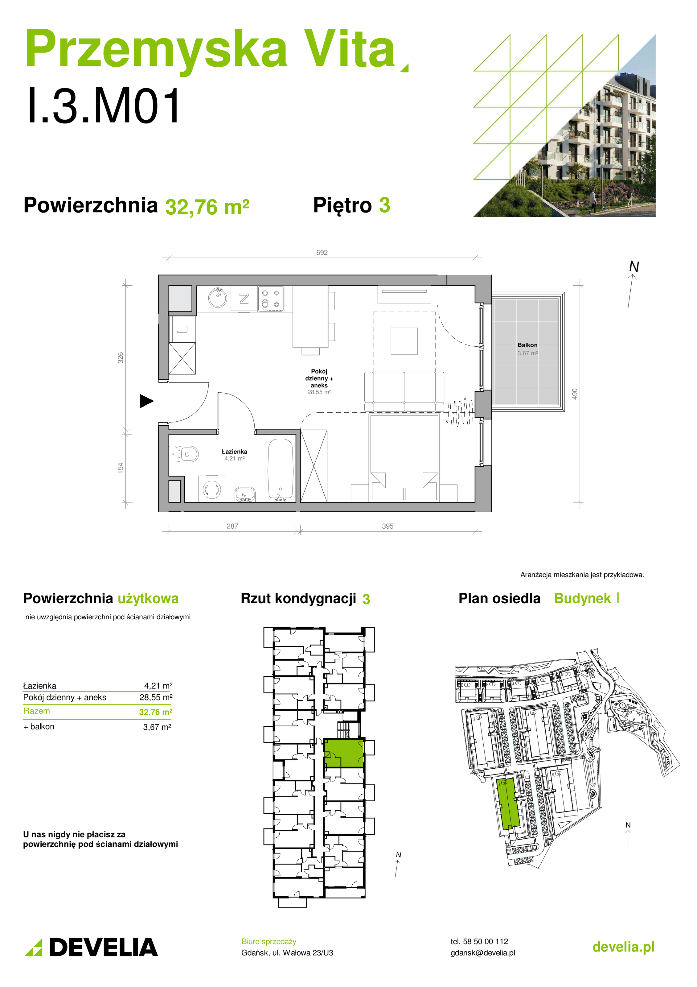 Mieszkanie 32,76 m², piętro 3, oferta nr I.3.M01, Przemyska Vita, Gdańsk, Ujeścisko-Łostowice, Ujeścisko, ul. Przemyska 37-idx