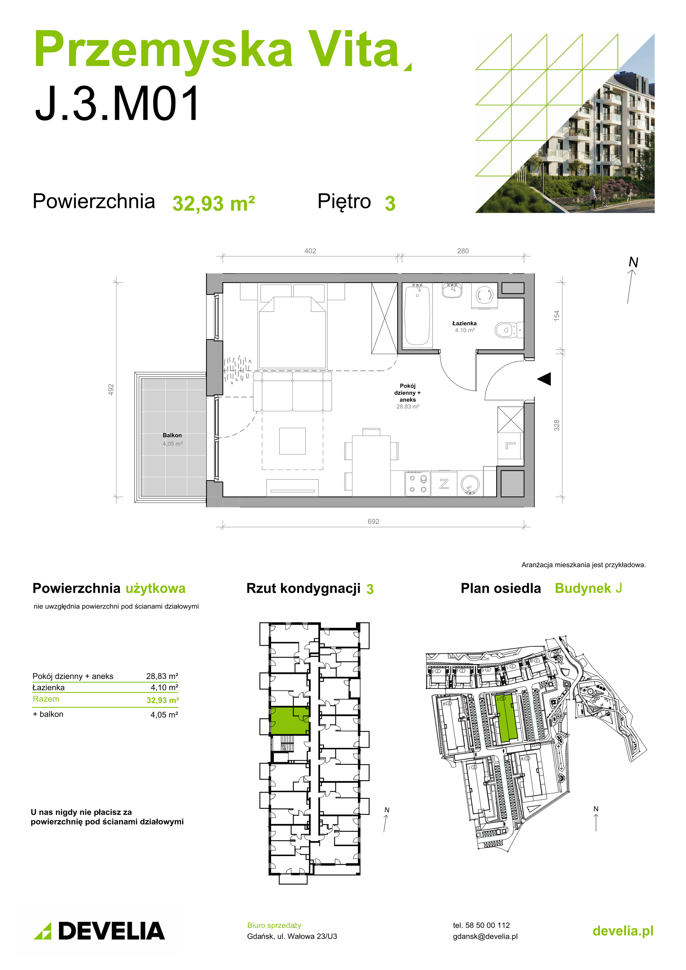 Mieszkanie 32,93 m², piętro 3, oferta nr J.3.M01, Przemyska Vita, Gdańsk, Ujeścisko-Łostowice, Ujeścisko, ul. Przemyska 37-idx