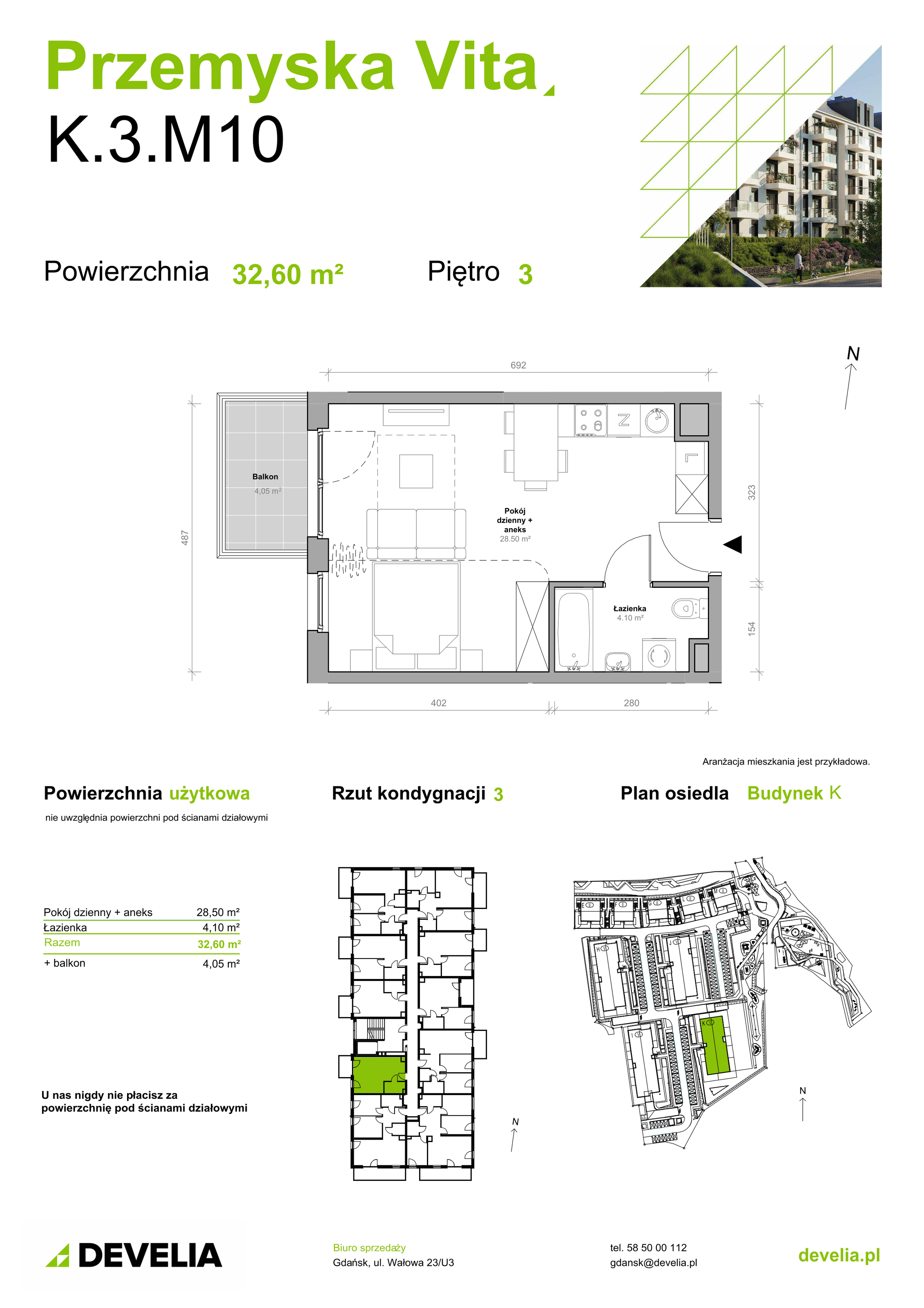 Mieszkanie 32,60 m², piętro 3, oferta nr K.3.M10, Przemyska Vita, Gdańsk, Ujeścisko-Łostowice, Ujeścisko, ul. Przemyska 37-idx