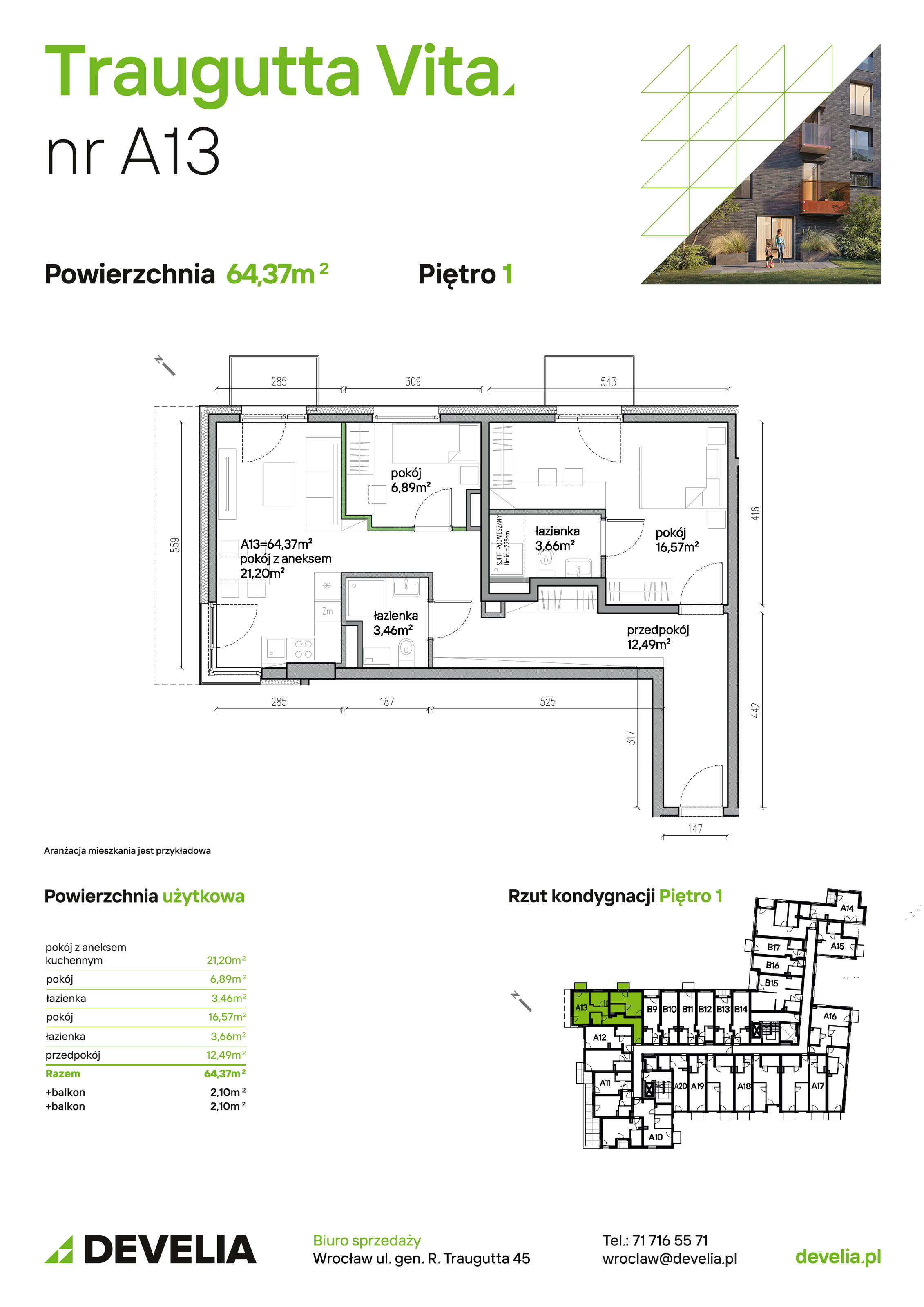 Mieszkanie 64,37 m², piętro 1, oferta nr A13, Traugutta Vita, Wrocław, Przedmieście Oławskie, ul. Generała Romualda Traugutta 103-idx