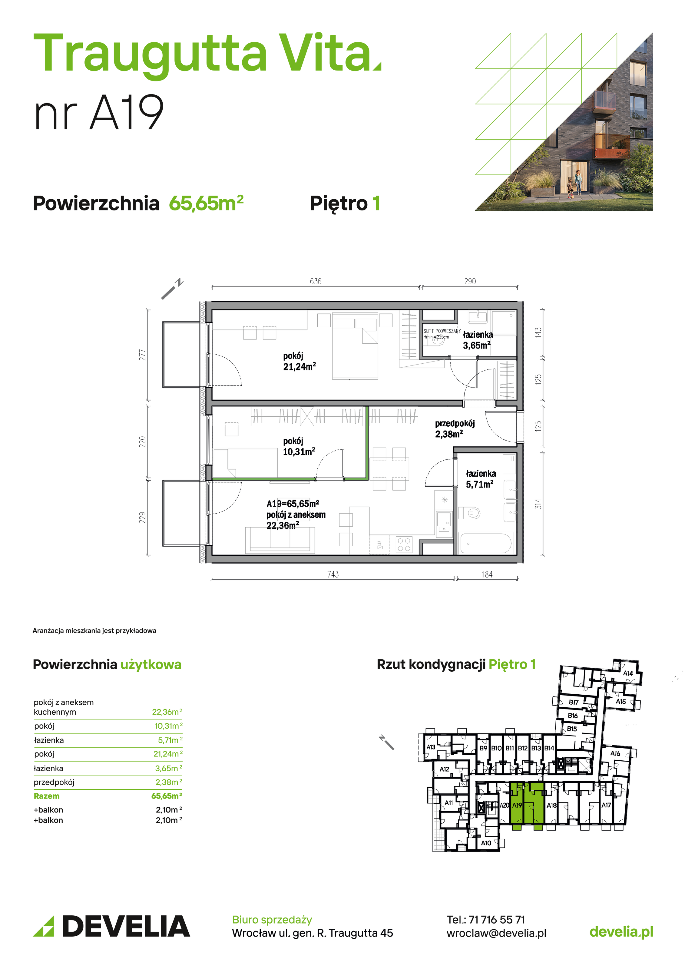 Mieszkanie 65,65 m², piętro 1, oferta nr A19, Traugutta Vita, Wrocław, Przedmieście Oławskie, ul. Generała Romualda Traugutta 103-idx