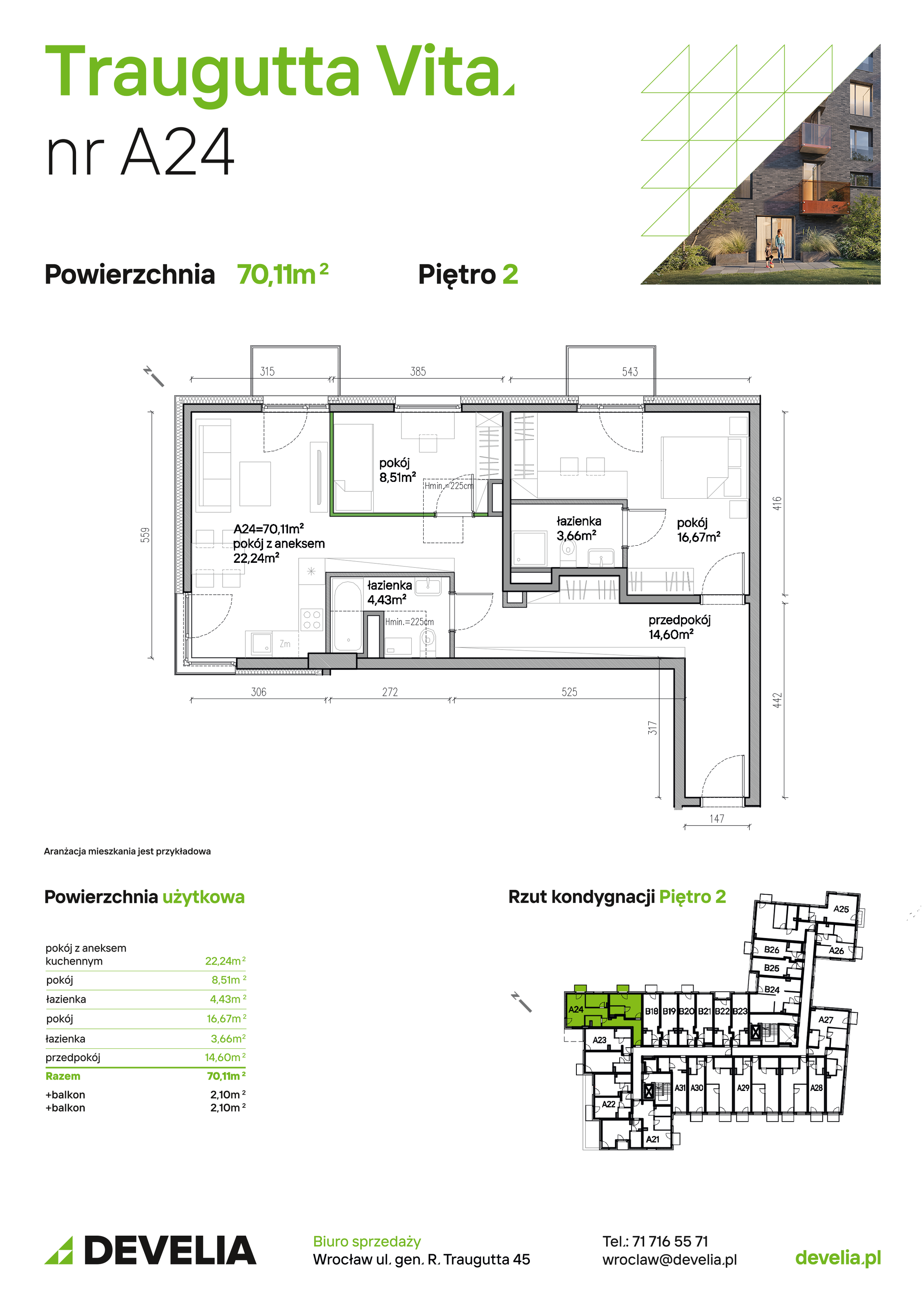 Mieszkanie 70,11 m², piętro 2, oferta nr A24, Traugutta Vita, Wrocław, Przedmieście Oławskie, ul. Generała Romualda Traugutta 103-idx