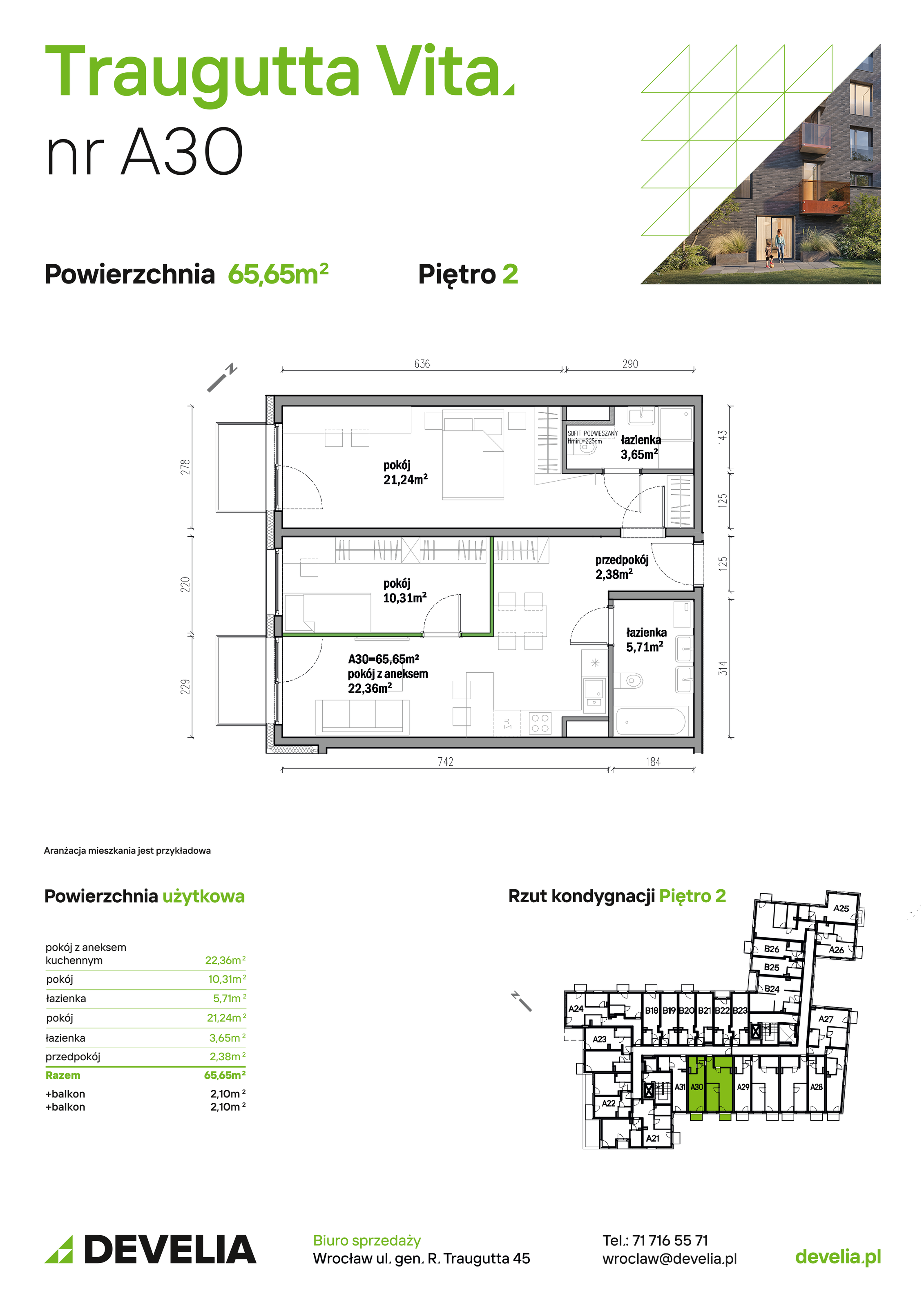 Mieszkanie 65,65 m², piętro 2, oferta nr A30, Traugutta Vita, Wrocław, Przedmieście Oławskie, ul. Generała Romualda Traugutta 103-idx