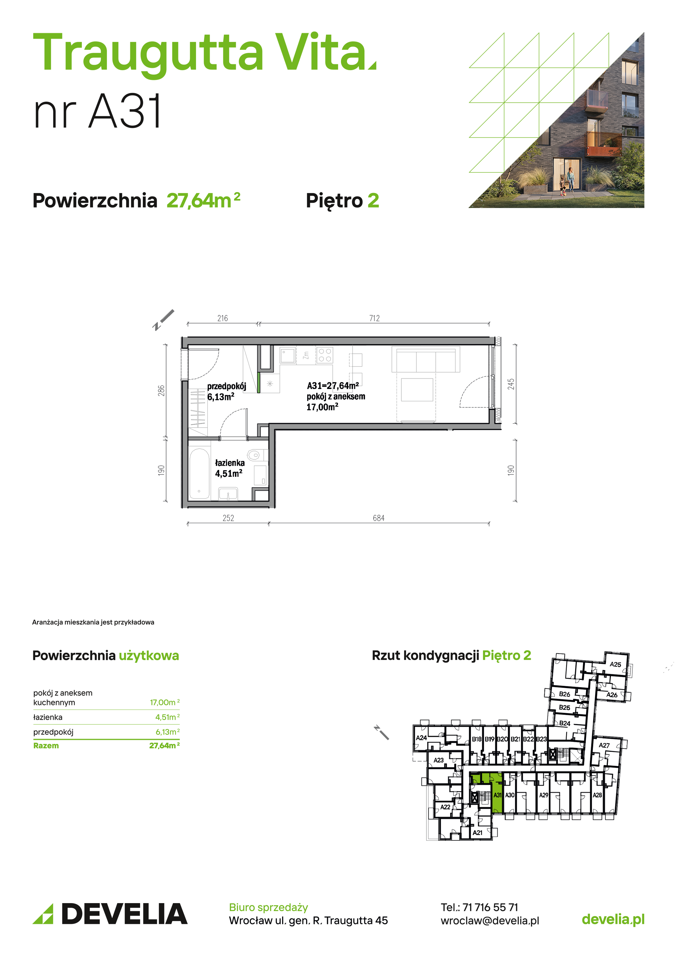 Mieszkanie 27,64 m², piętro 2, oferta nr A31, Traugutta Vita, Wrocław, Przedmieście Oławskie, ul. Generała Romualda Traugutta 103-idx