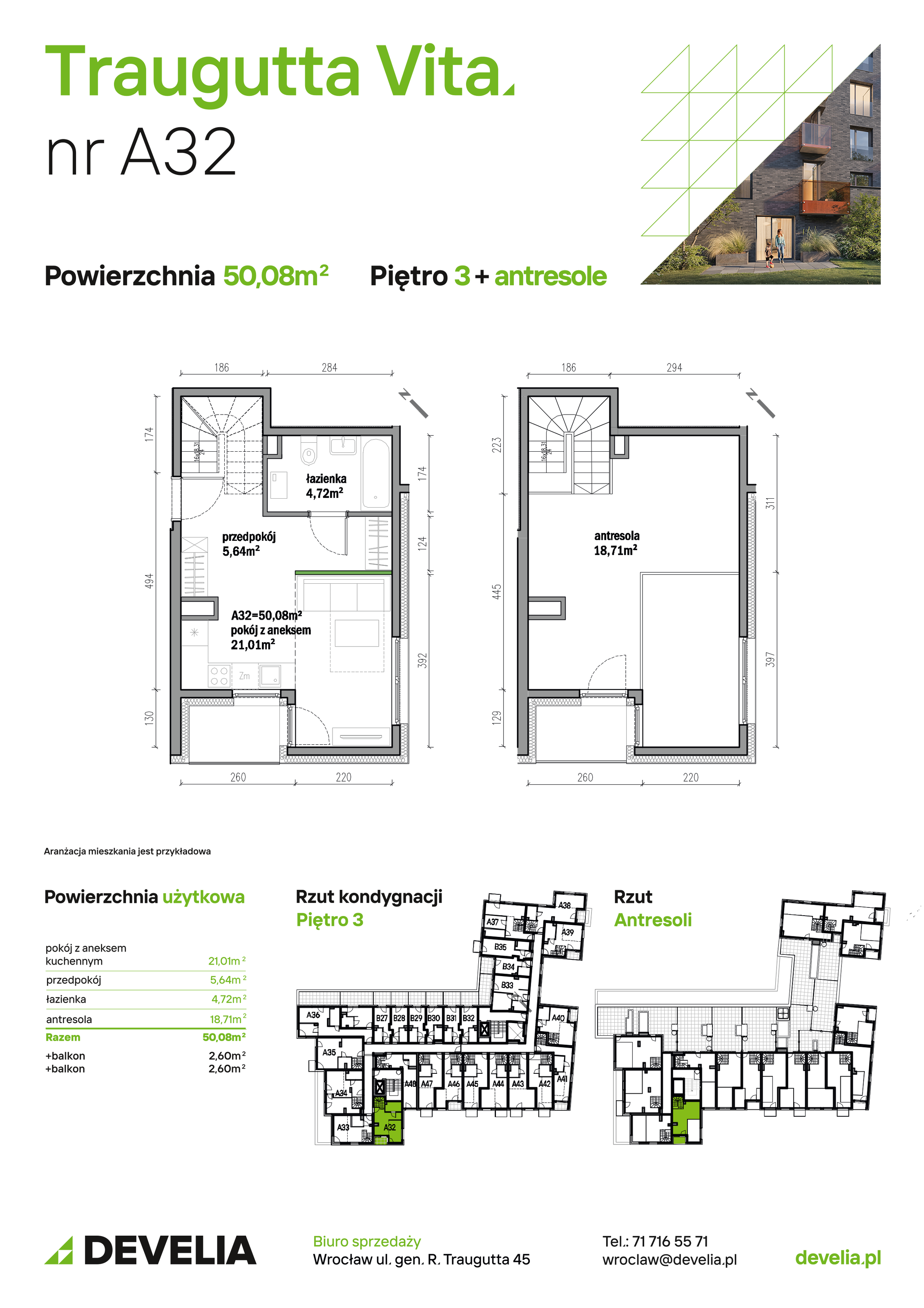 Mieszkanie 50,08 m², piętro 3, oferta nr A32, Traugutta Vita, Wrocław, Przedmieście Oławskie, ul. Generała Romualda Traugutta 103-idx