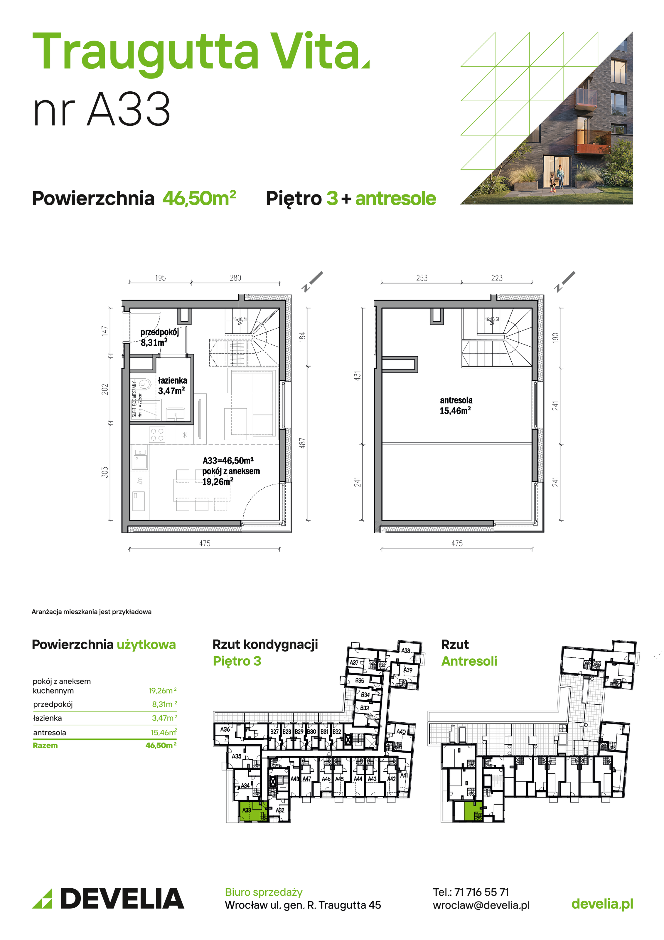 Mieszkanie 46,50 m², piętro 3, oferta nr A33, Traugutta Vita, Wrocław, Przedmieście Oławskie, ul. Generała Romualda Traugutta 103-idx