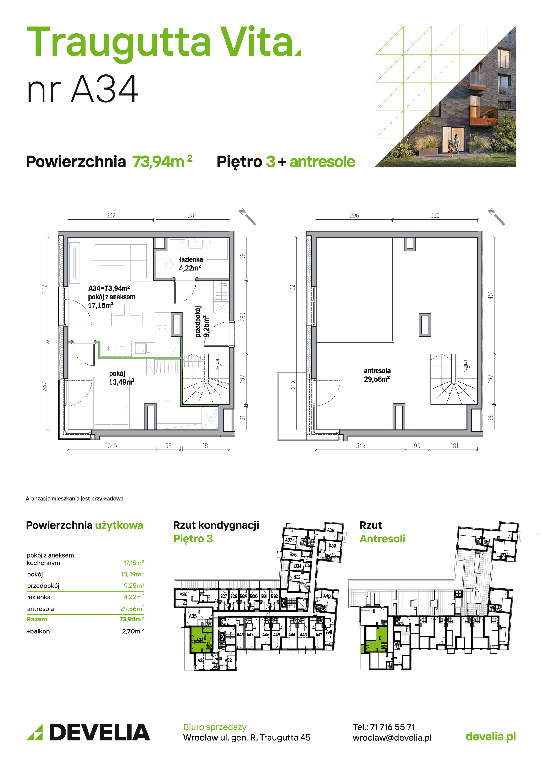 Mieszkanie 73,94 m², piętro 3, oferta nr A34, Traugutta Vita, Wrocław, Przedmieście Oławskie, ul. Generała Romualda Traugutta 103-idx