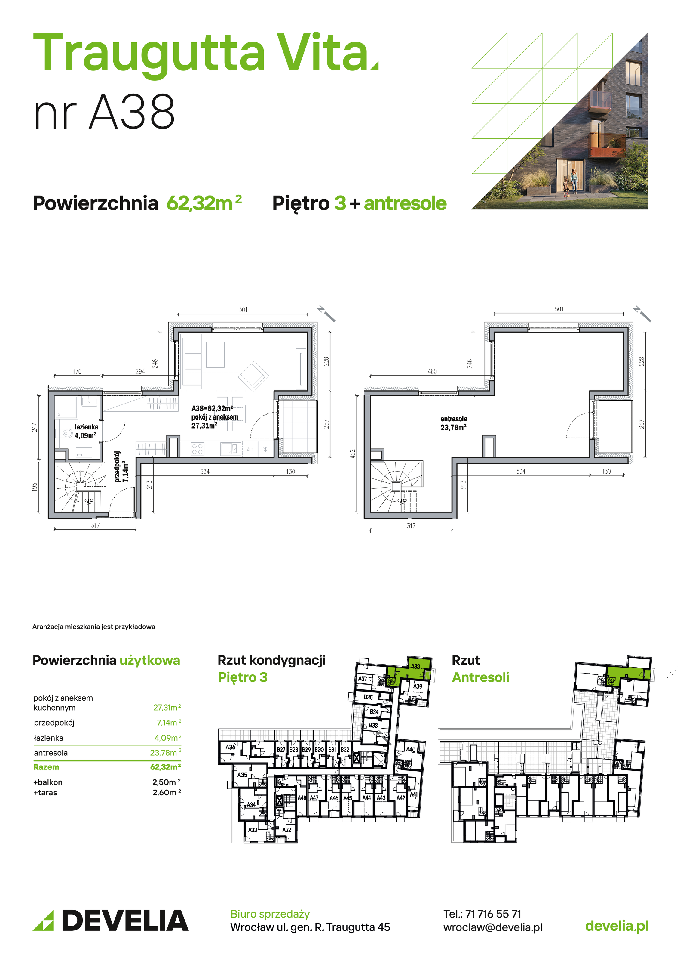 Mieszkanie 62,32 m², piętro 3, oferta nr A38, Traugutta Vita, Wrocław, Przedmieście Oławskie, ul. Generała Romualda Traugutta 103-idx