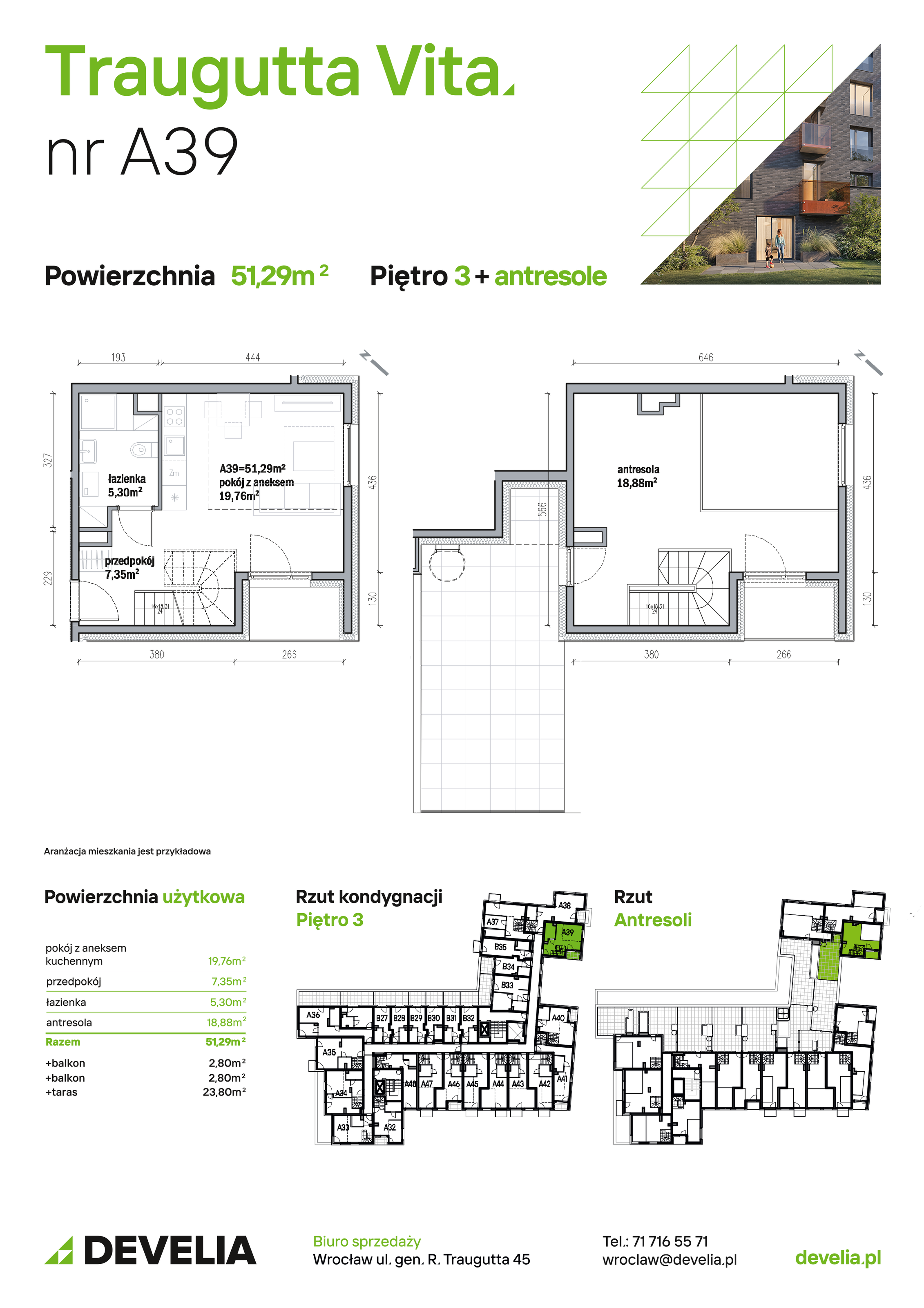 Mieszkanie 51,29 m², piętro 3, oferta nr A39, Traugutta Vita, Wrocław, Przedmieście Oławskie, ul. Generała Romualda Traugutta 103-idx