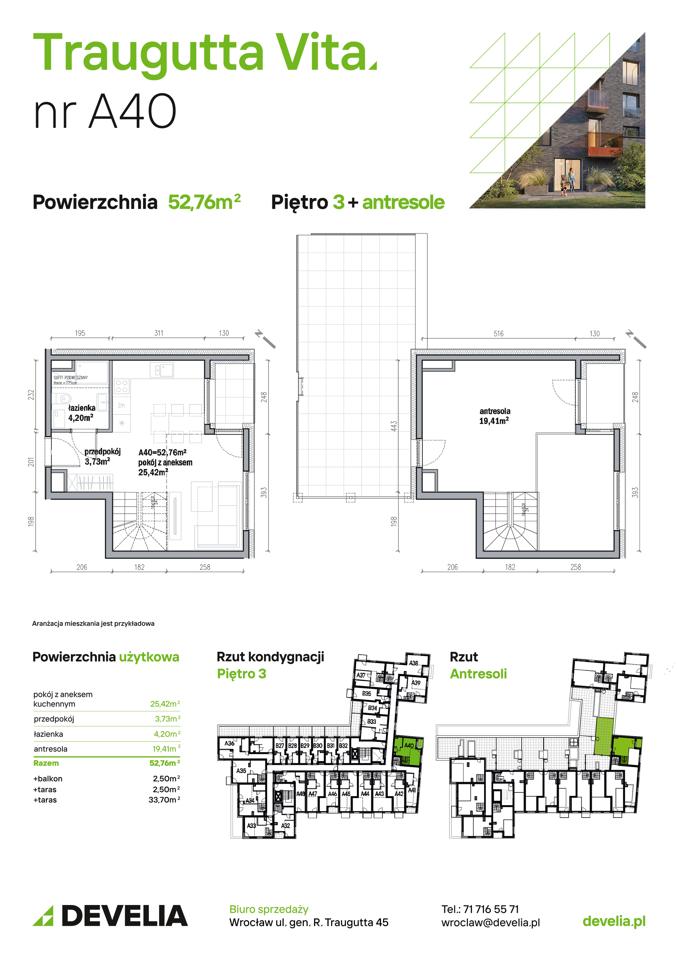 Mieszkanie 52,76 m², piętro 3, oferta nr A40, Traugutta Vita, Wrocław, Przedmieście Oławskie, ul. Generała Romualda Traugutta 103-idx